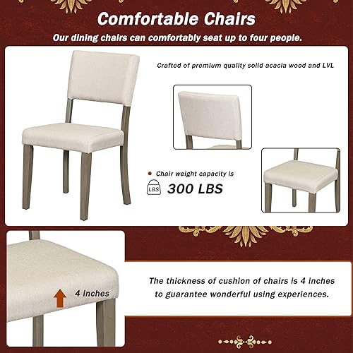 Miniatura 5 de RUNWON Juego de comedor redondo de 5 piezas con patas de caballete curvas y 4 sillas tapizadas, estilo retro, mesa y 4 sillas, gris pardo