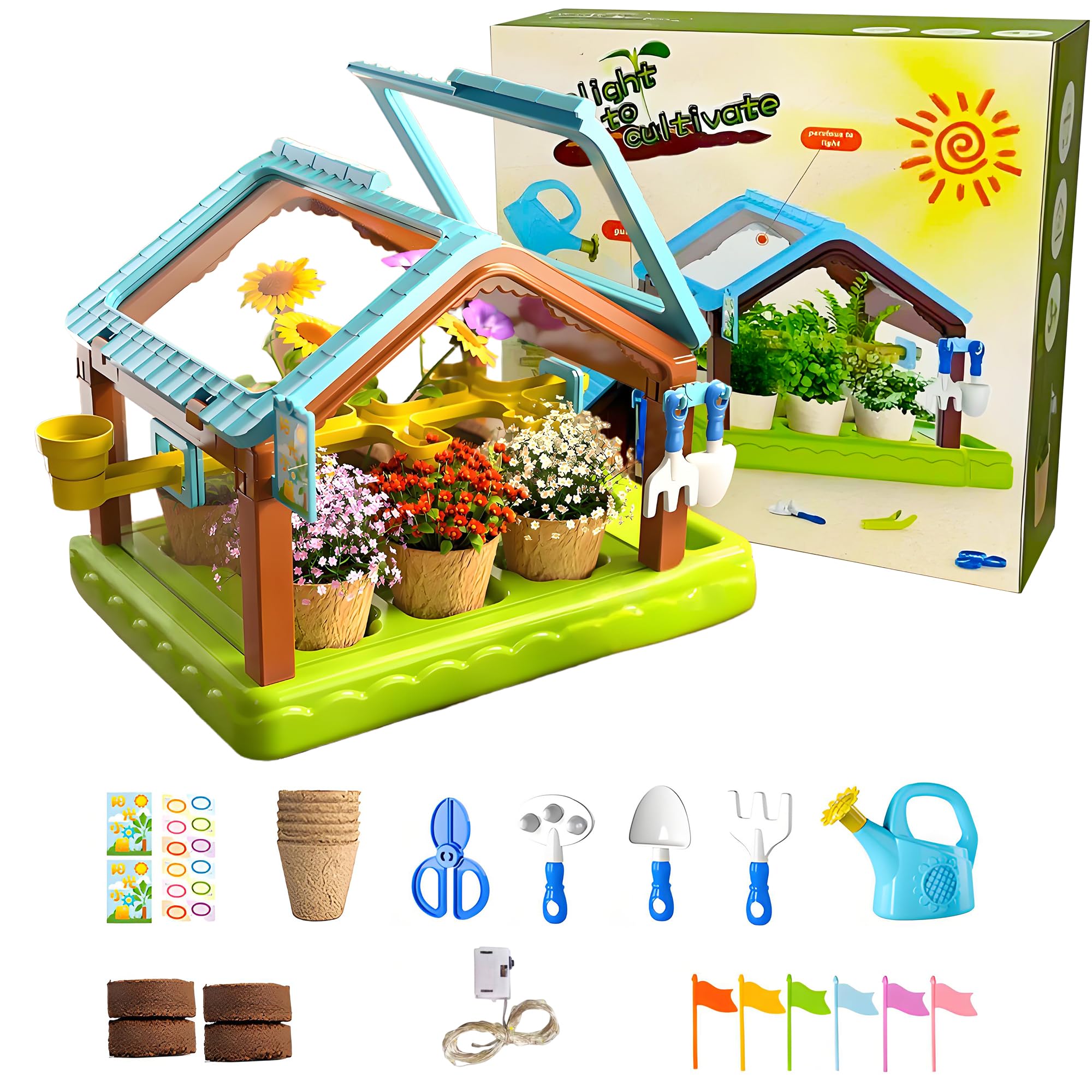 EXBEPE Kids Plant Growing Kit Greenhouse Growing Set with Drip Irrigation System and Grow Light Science Educational DIY Indoor Plant Gardening Toy for Kids