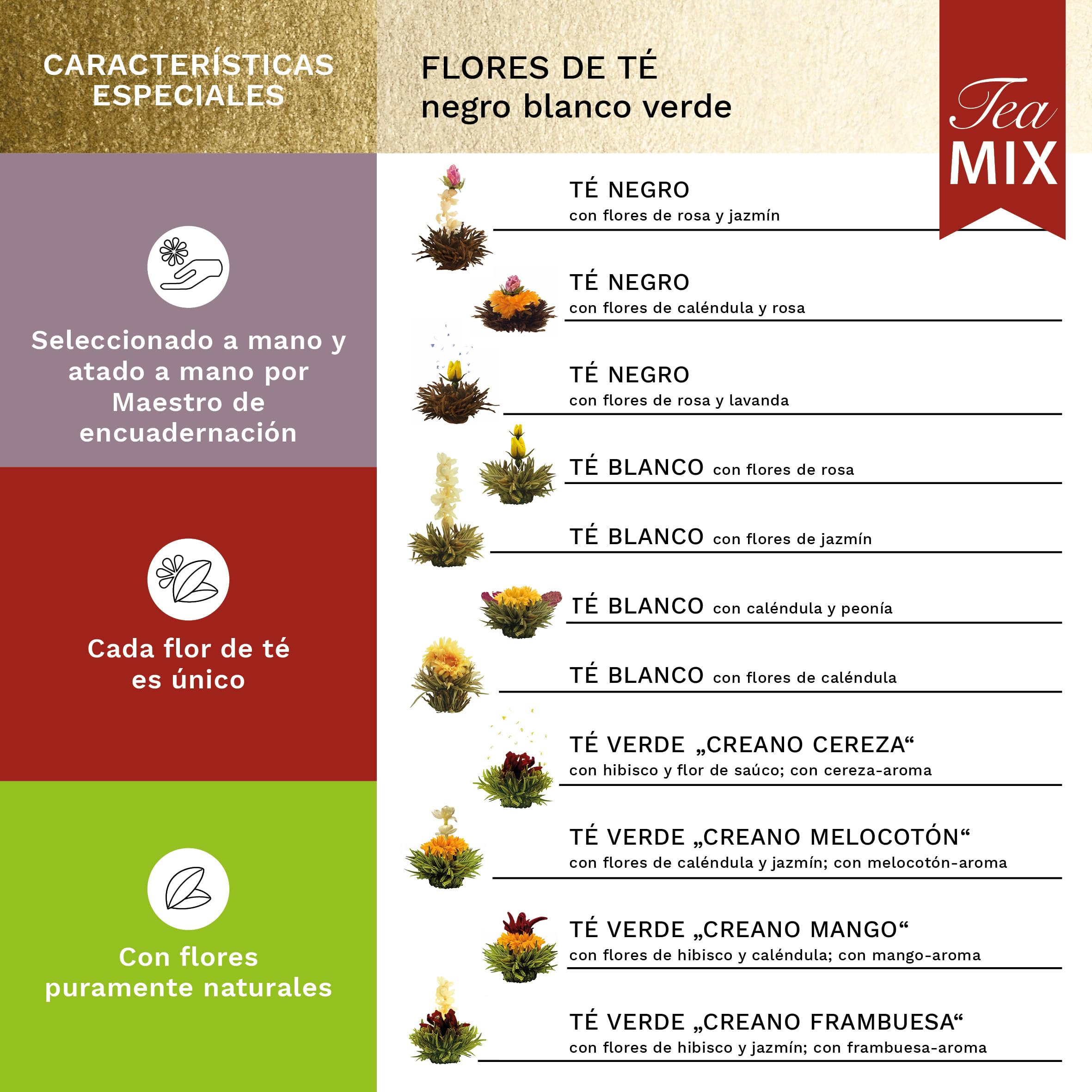 Creano Cofre de Madera Flores de Té Mix 12 uds – 11 Variedades de Té Blanco, Verde y Negro – Caja Natural y Sostenible