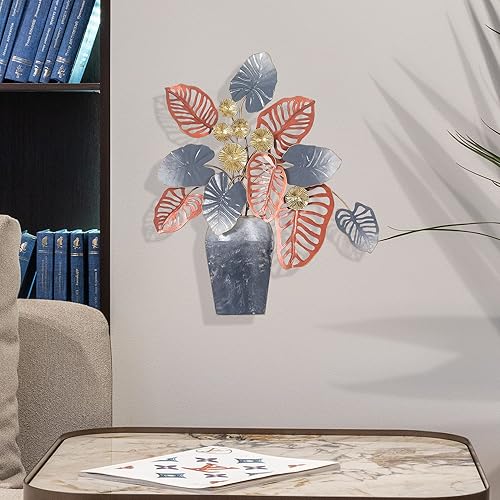 Miniatura 3 de Adeco Decoración de pared de hojas de metal de 19 pulgadas en jarrón para el hogar, esculturas artísticas para la sala de estar, dormitorio,