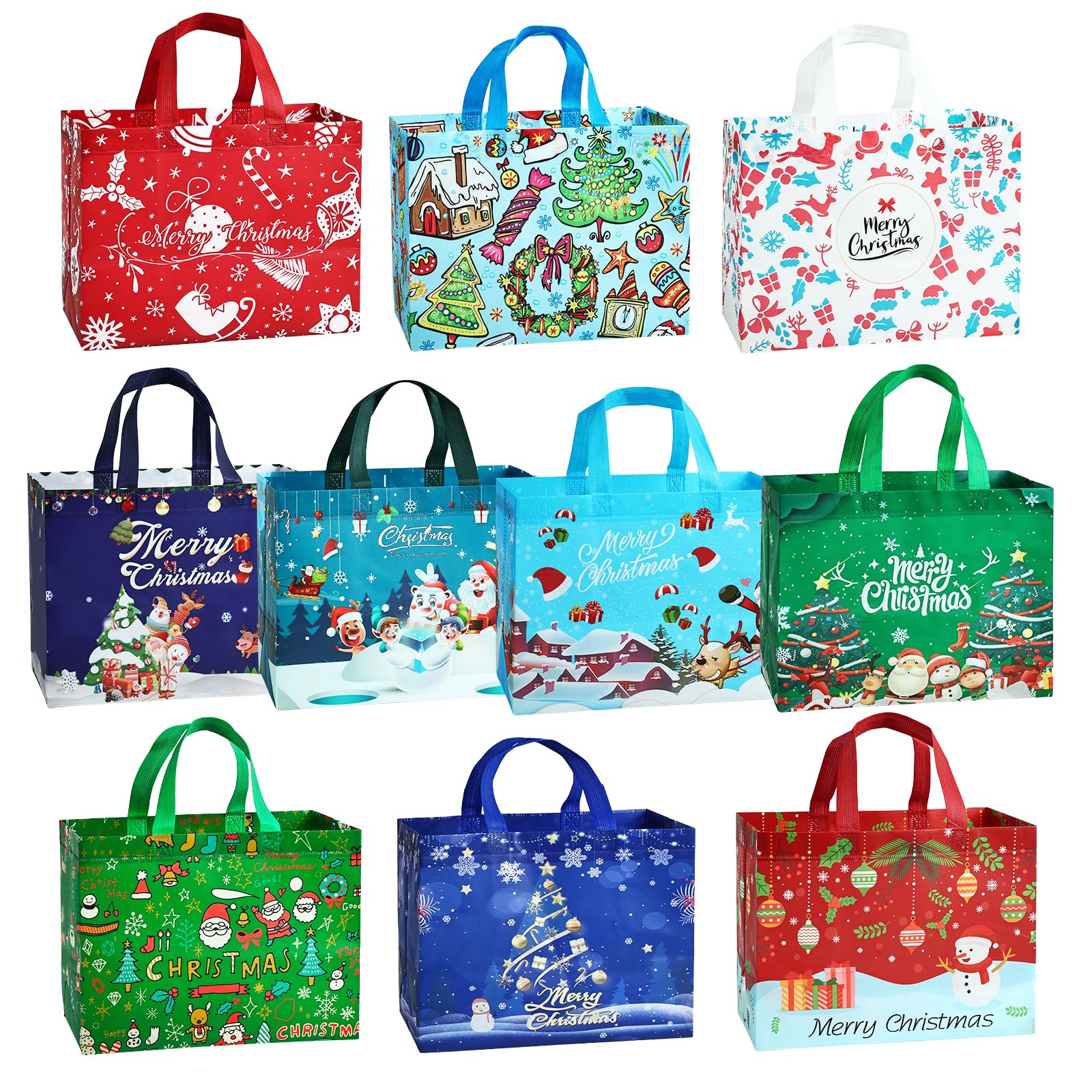 JMANNI 10 bolsas de Navidad multifuncionales no tejidas, envoltura de regalos, compras, suministros de fiesta de Navidad, 12.8 pulgadas, 9.8 pulgadas, 6.7 pulgadas