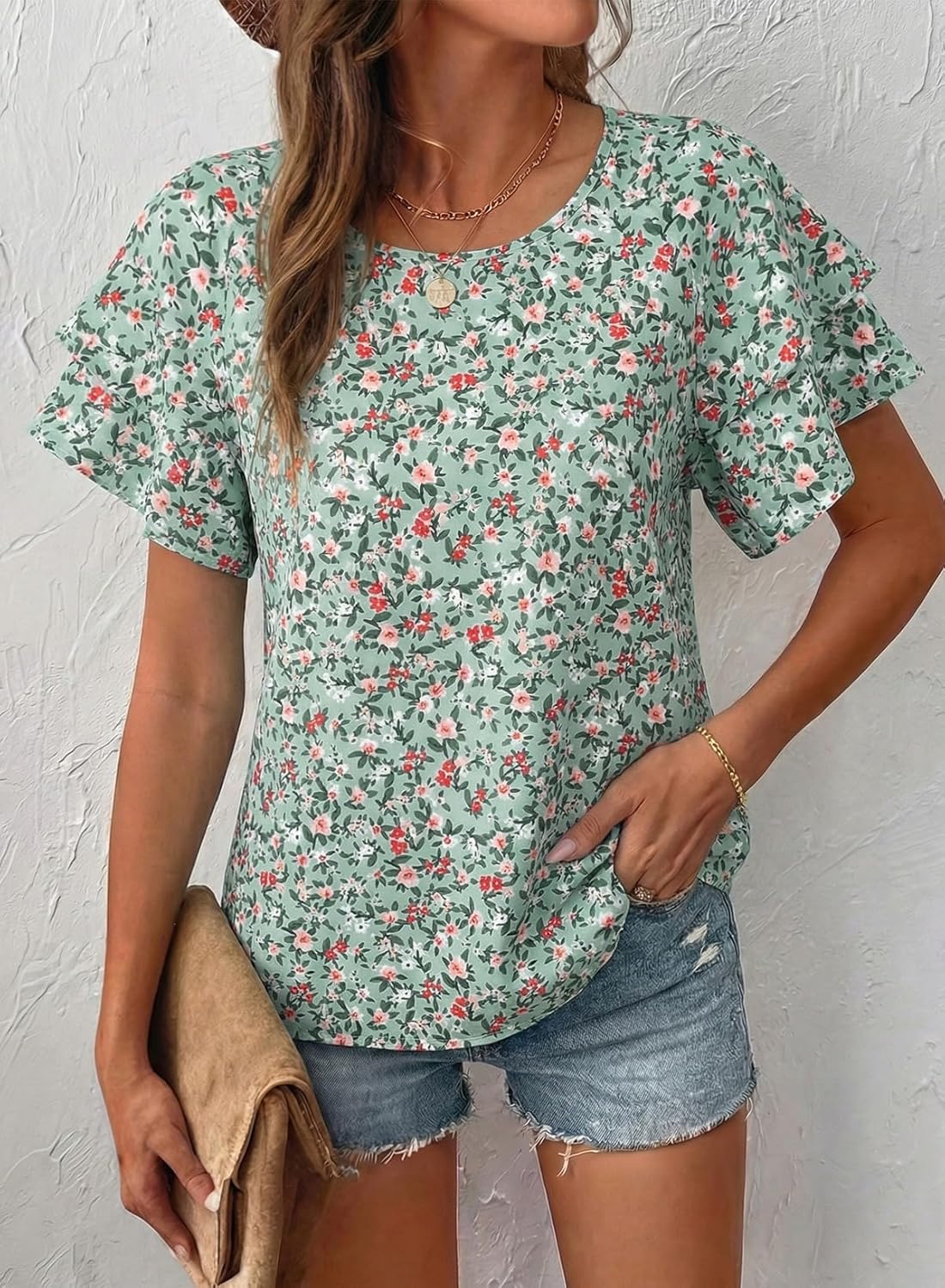 BLENCOT Women Blouses Layered Sleeve Fashion Crewneck Floral Printed Boho Loose Summer Tops - Image 6