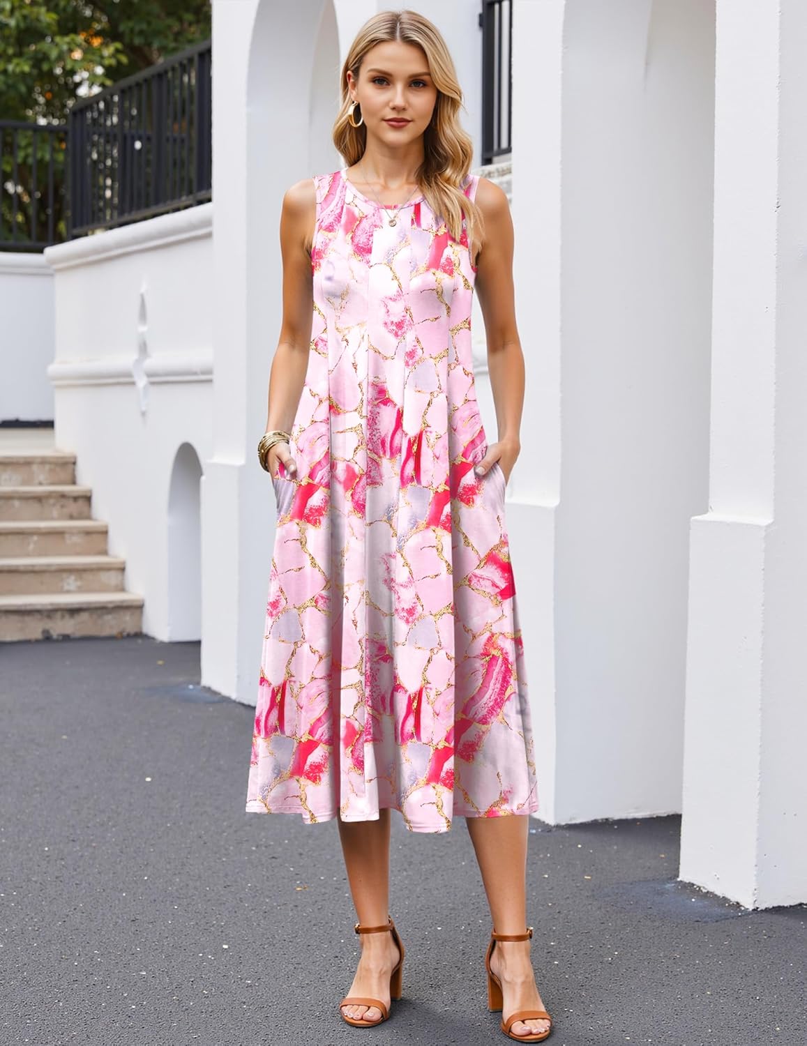 HOTOUCH Summer Casual Dresses for Women Sleeveless Midi Dress Swing Tank Sundress Pleated Tshirt Dress with Pockets - Image 3