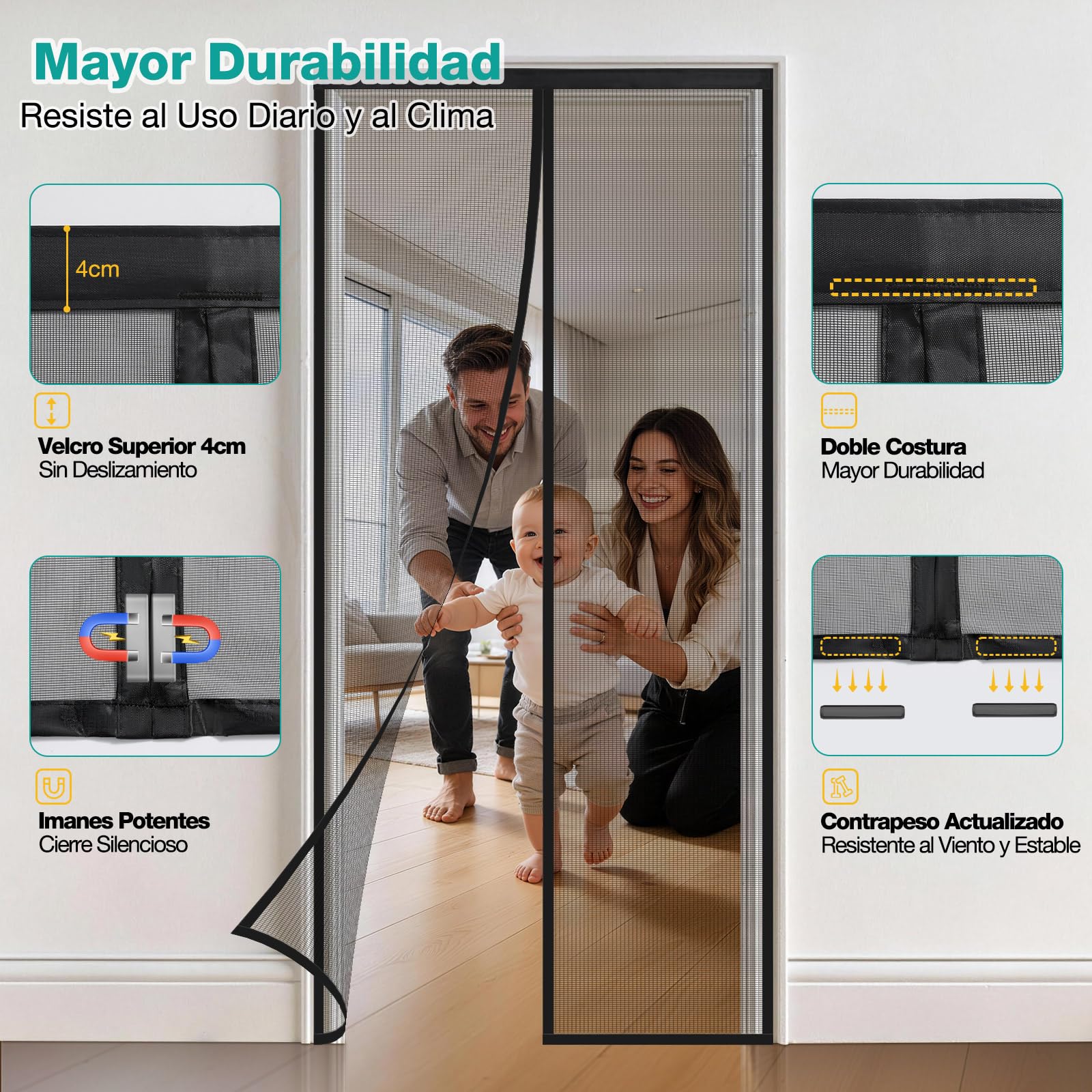 HALIDOOR Mosquitera Puerta Magnética 70x215 cm Negra, cortina mosquitera con imanes, Cierre Automático sin Taladrar, Malla Fina, Poliéster Resistente para Puerta Exterior, Balcón, Salón y Entrada — view 3