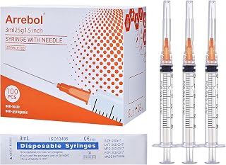 Arrebol 3ml syringe with luer lock needle,Plastic Disposable Syringe Tool for Scientific Labs,Liquids Refilling,Measuring,Individually Sealed Packaging (3ml with 25G1.5inch Needle 100-Pack)