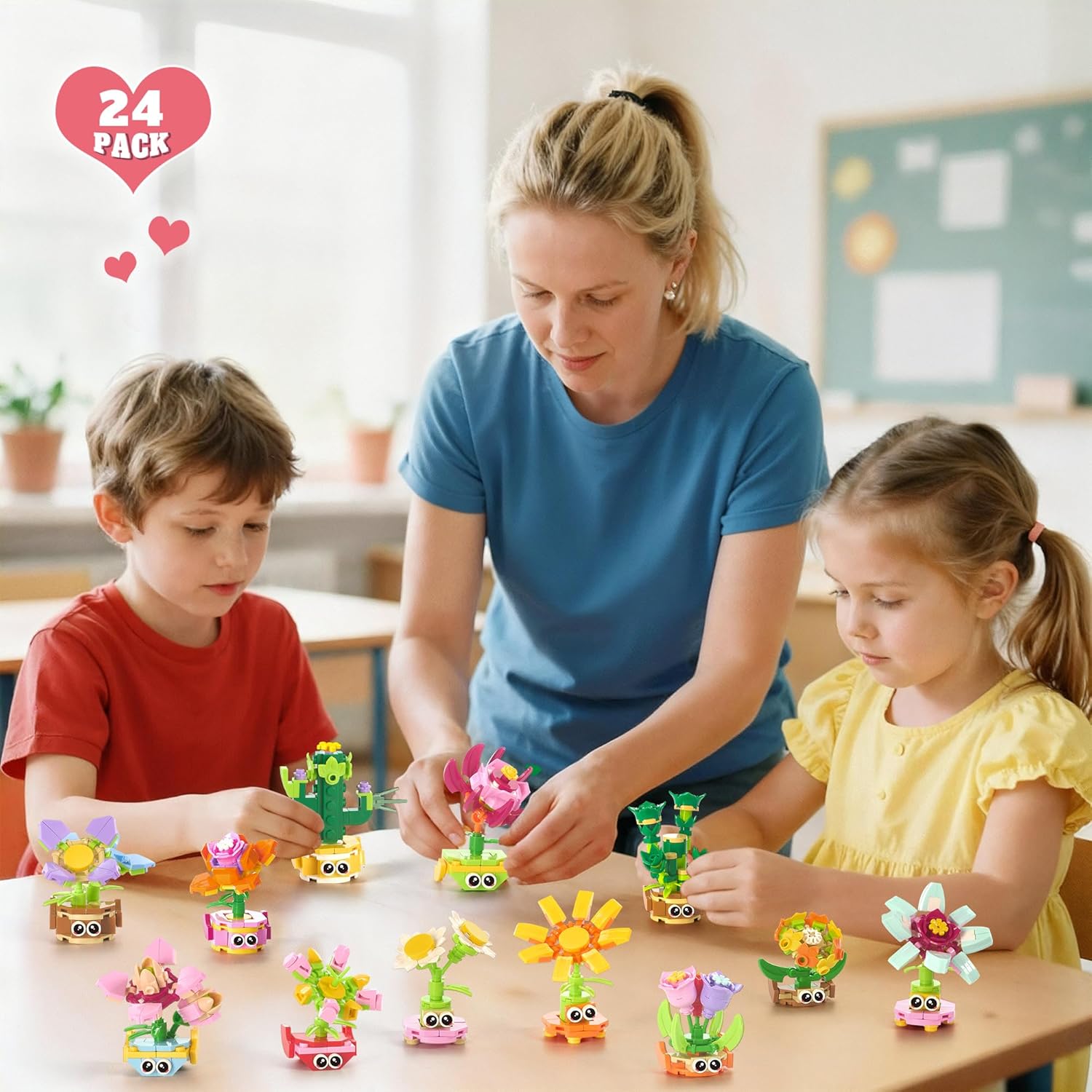 24 Pack Valentine's Day Gifts with Cards for Kids Party Favors – 3-in-1 STEM Flower & Plant Building Sets (72 Models), Classroom Exchange & Non-Candy Goody Bag Fillers for Boys & Girls Ages 6+