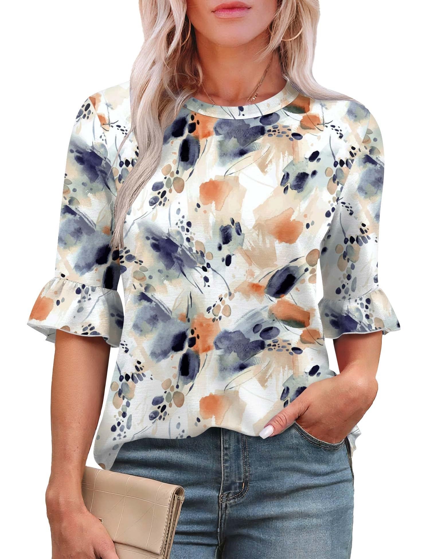 Rapbin Womens 3/4 Length Sleeve Tops Loose Fit Casual Crew Neck Shirts Ruffle Tunic Blouses