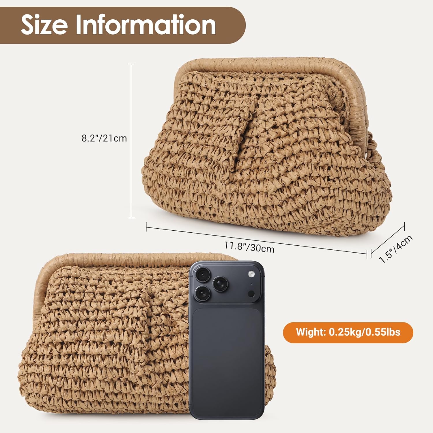 Clothirily Straw Clutch Purses for Women, Cloud Dumpling Woven Bag with Detachable Chain, Beach Crossbody Shoulder Handbag