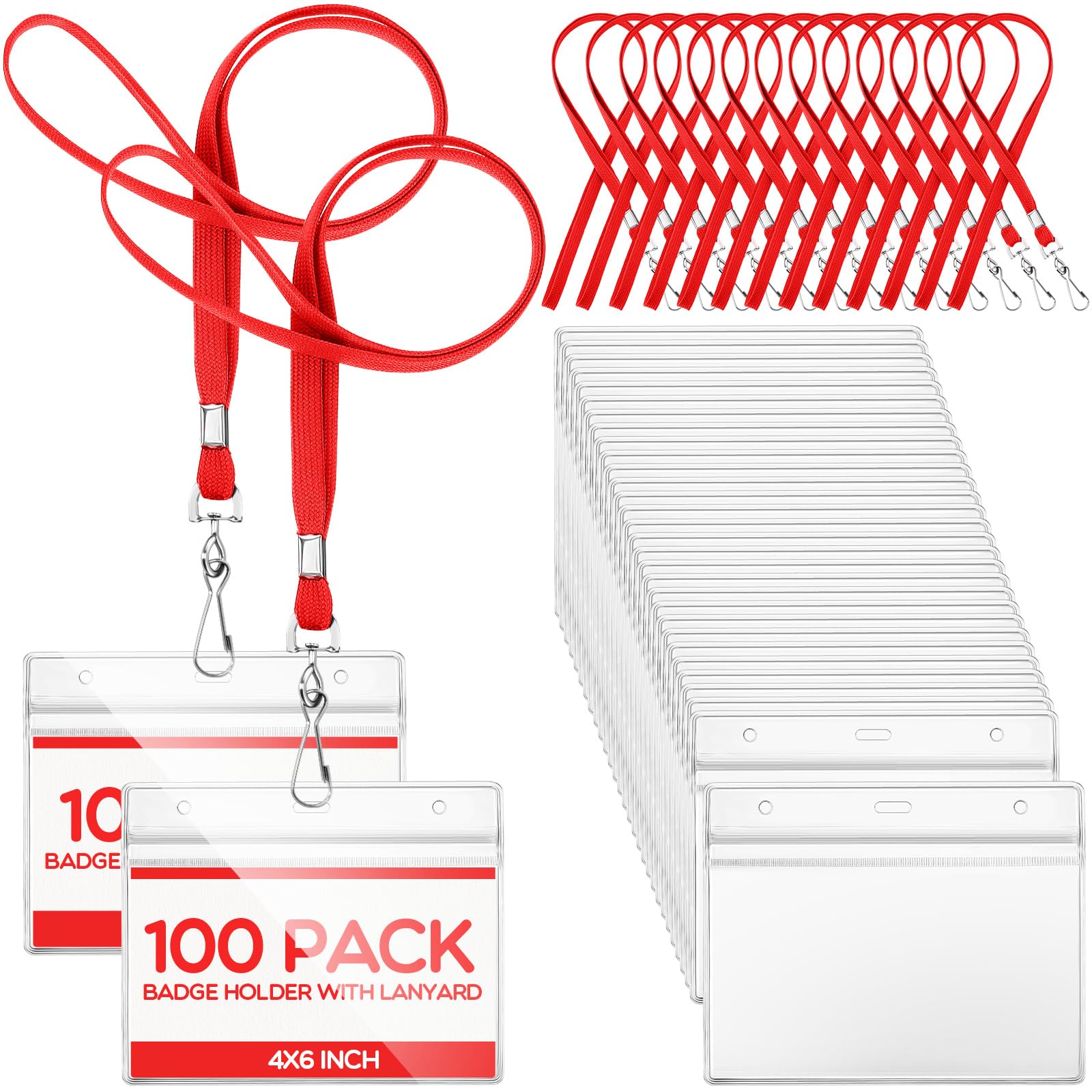Patelai 100 Sets 6 x 4 Inch Badge Holder with Lanyard Horizontal Name Tag Lanyard with ID Holder Waterproof Clear Name Badge for Office Workers