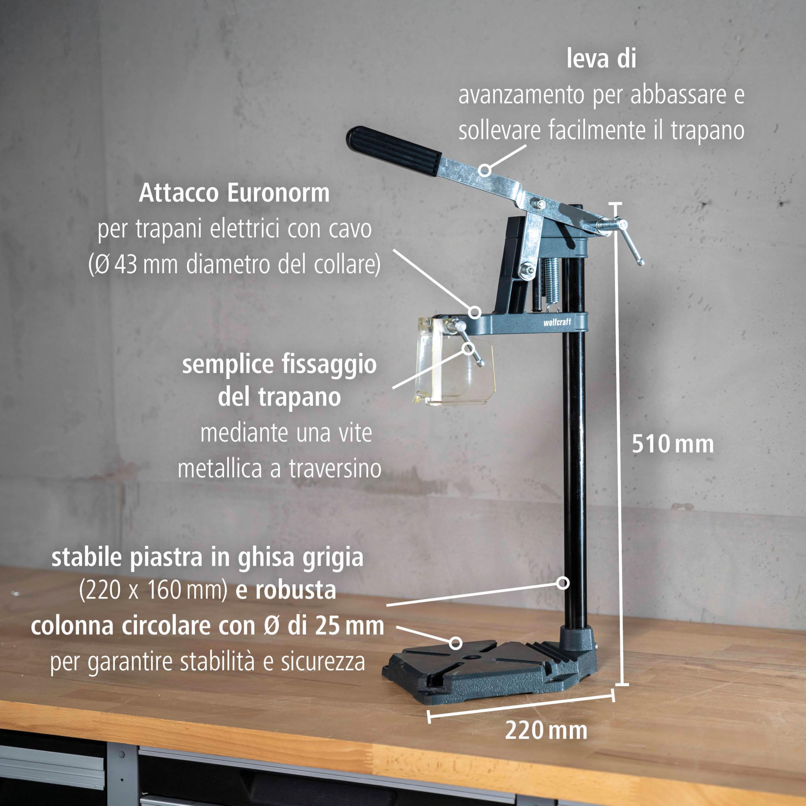 wolfcraft Colonna per trapani SOLID, attacco Ø 43 mm, corsa 55 mm | Attacco Euronorm Ø 43 mm, Profondità di Foratura 112 mm, Corsa 55 mm, Colonna Ø 25 mm per Fori Controllati – 5027000