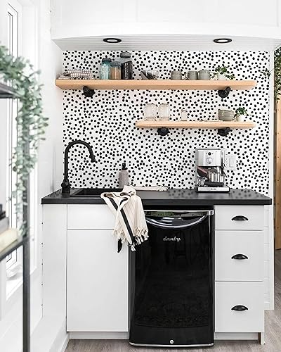 Miniatura 5 de Jeweluck Papel tapiz de lunares para despegar y pegar, 17.7 x 236.2 pulgadas, papel de contacto de lunares negros, papel de pared decorativo blanco