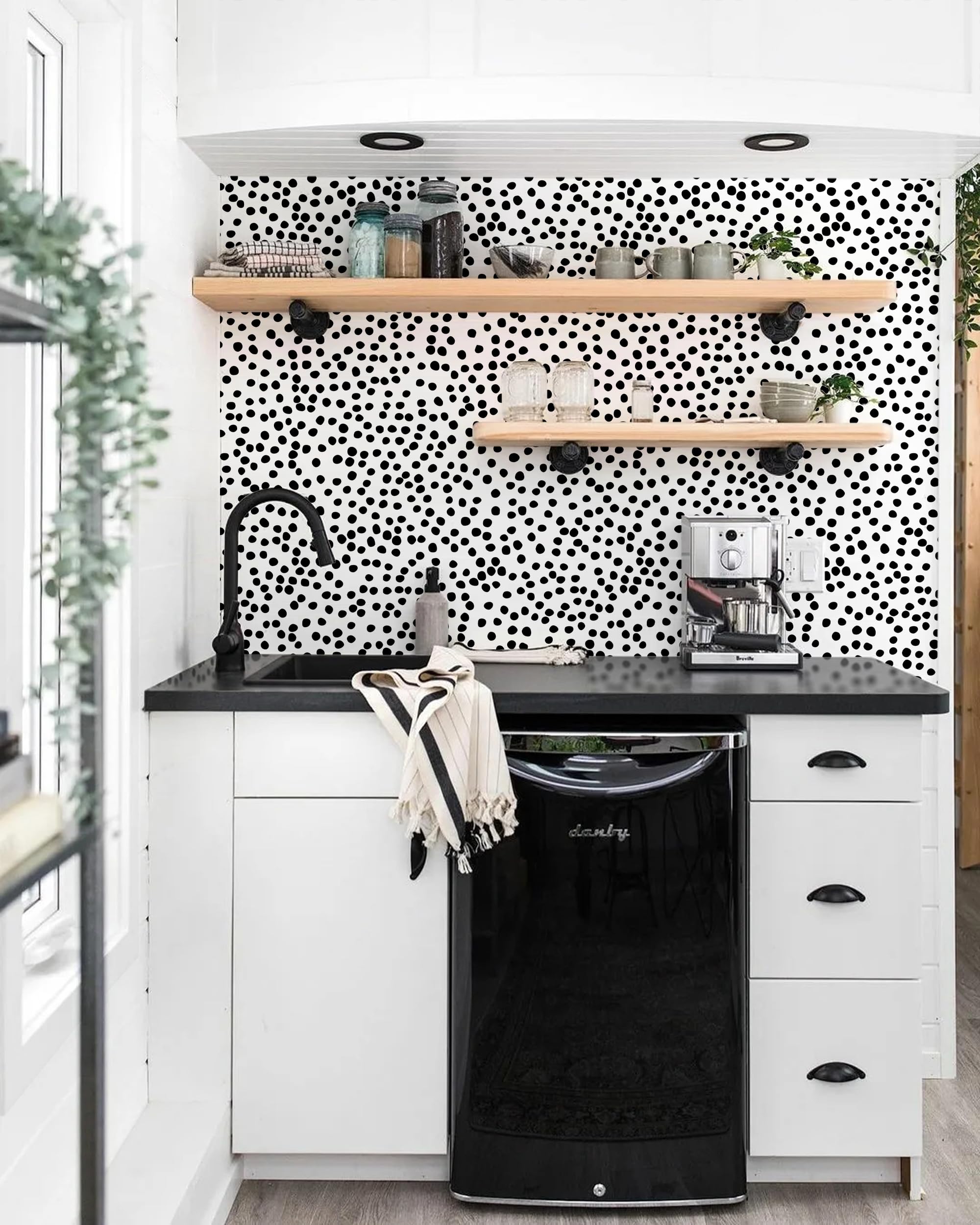 Jeweluck Papel pintado para despegar y pegar, diseño de lunares, 45 x 300 cm | Papel pintado de vinilo autoadhesivo extraíble para pegar y despegar, papel de contacto de puntos negros para baño