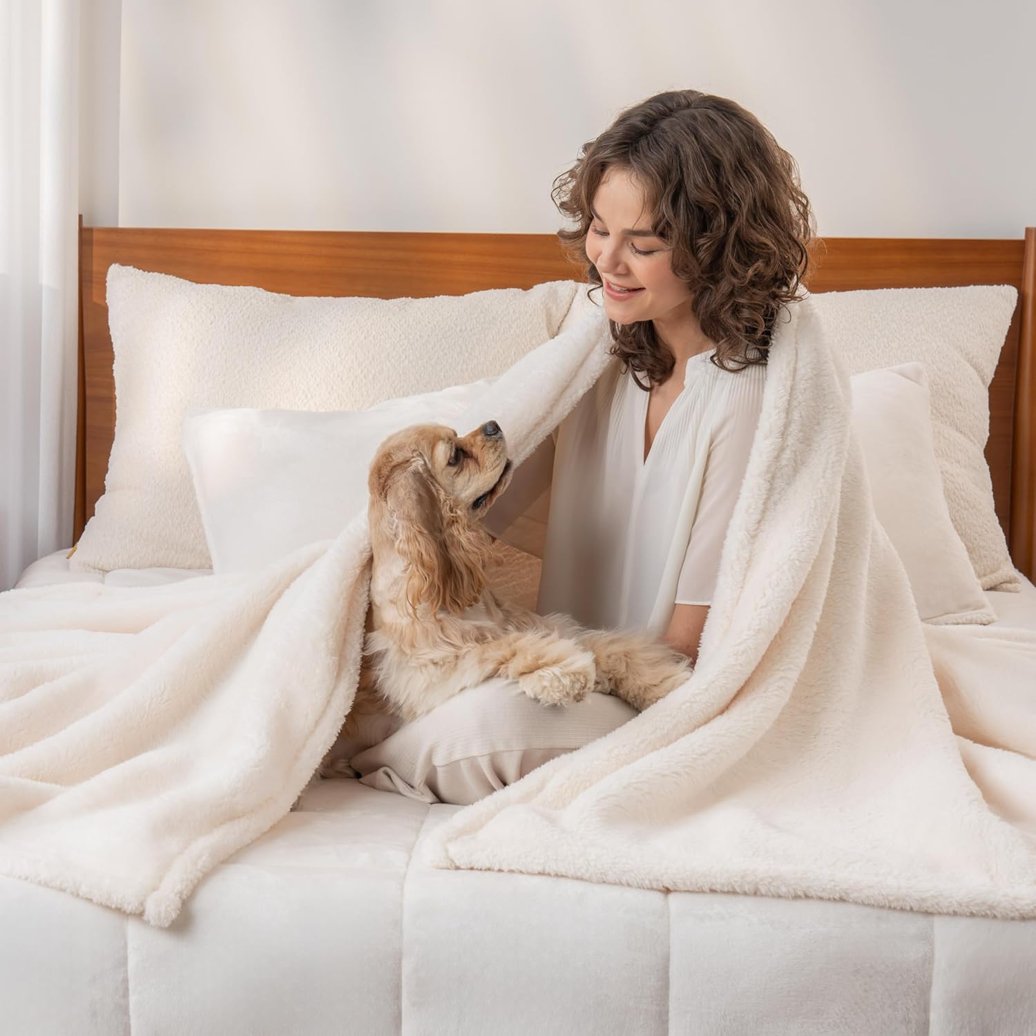50x60 Cream Berkshire Blanket Classic Extra-Fluffy™ Plush Throw Blanket, Soft Fuzzy Fluffy Long Hair Throw Blanket for Couch Sofa Bed, Cream, 50x60 Inches