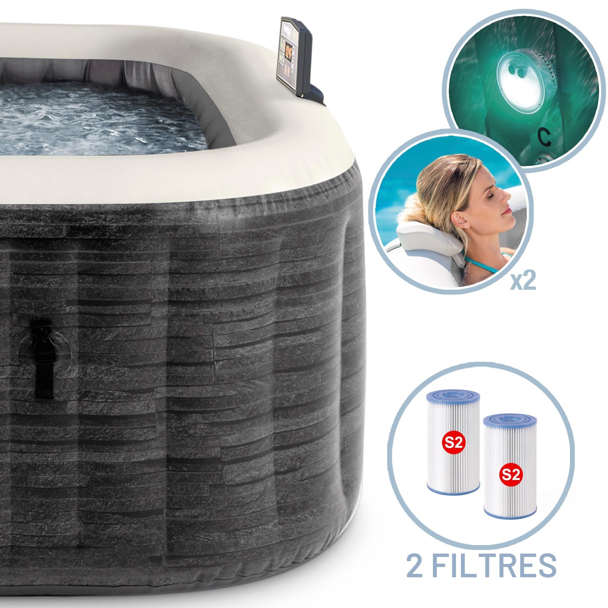 Intex Spa Gonflable carré Greystone Deluxe 4 Personnes, 175 x 175 x 71 cm, Chauffage 2 200 W, Bulles air Chaud, chlorateur salin, épurateur avec Filtre S2 (1 741 l/h), Accessoires Inclus (55093)