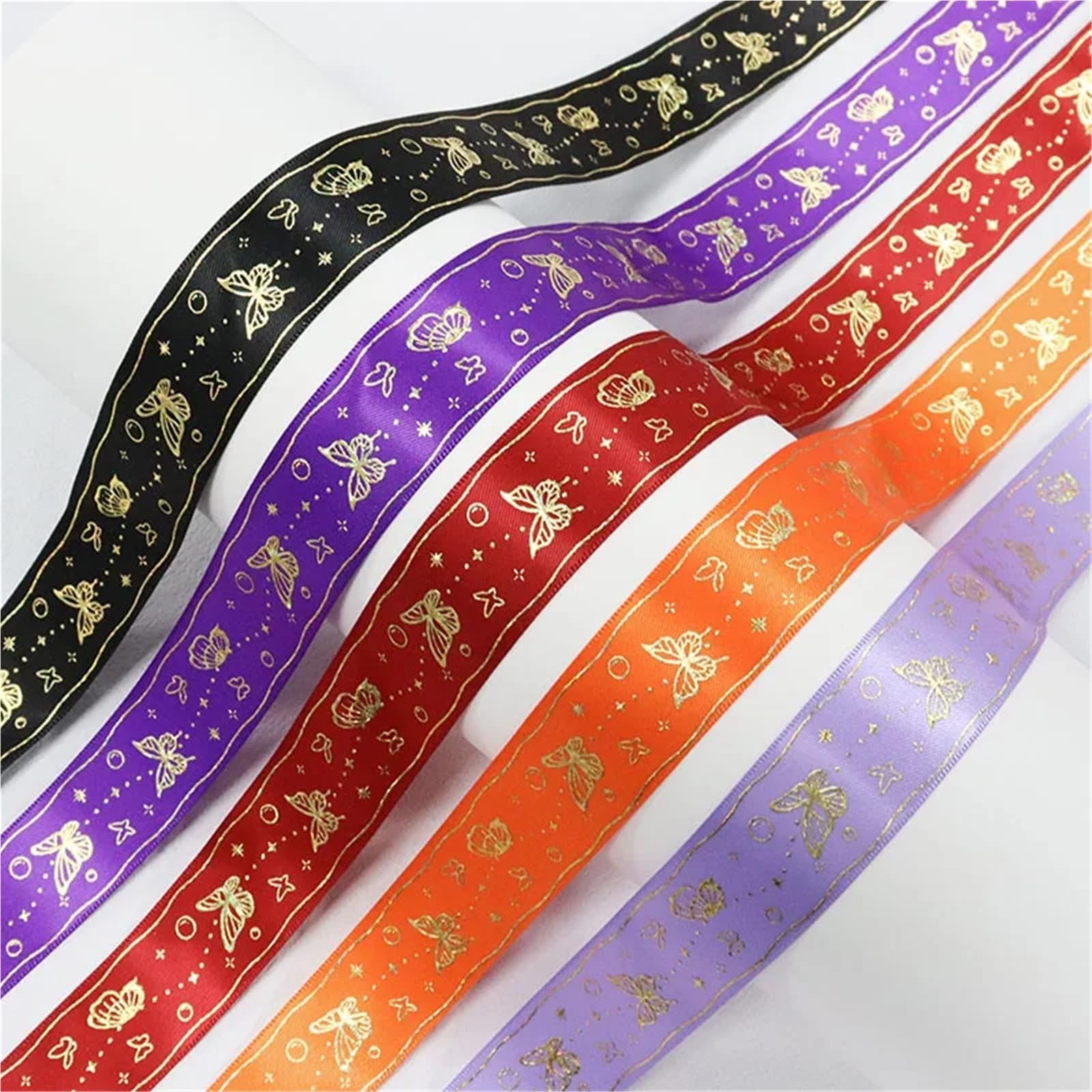 Nastro Con Stampa A Caldo Nastro in raso di poliestere con stampa a farfalla in lamina d'argento oro laser da 1 '' 25 mm for il confezionamento fiori nuziali(Color-11,50Yards)