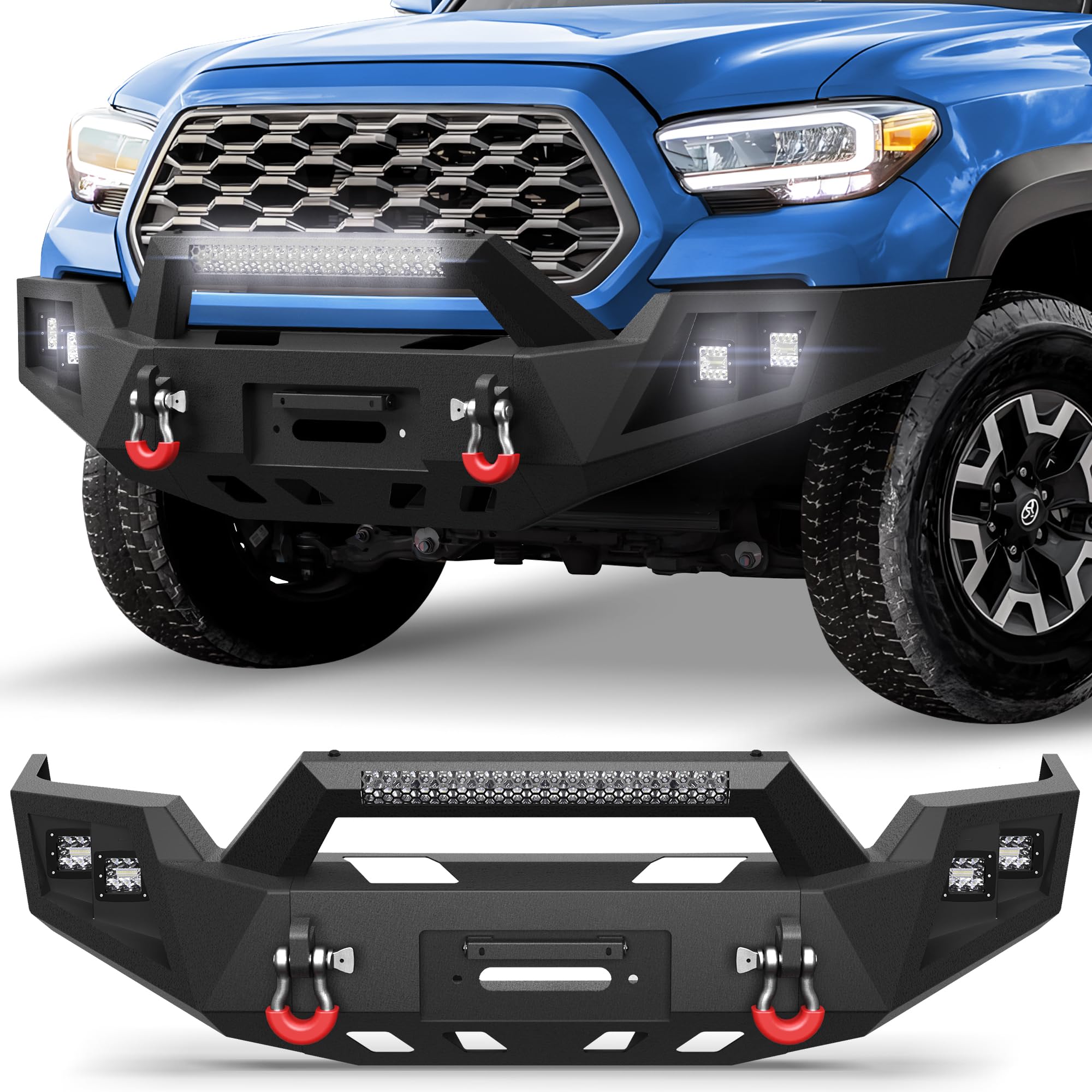 POFENZE 16-23 Tacoma Front Bumper w/Winch Plate, 144W Light Bar, 4x18w Lights, D-rings, License Plate Bracket for Toyota Tacoma 3rd Gen 2016-2023
