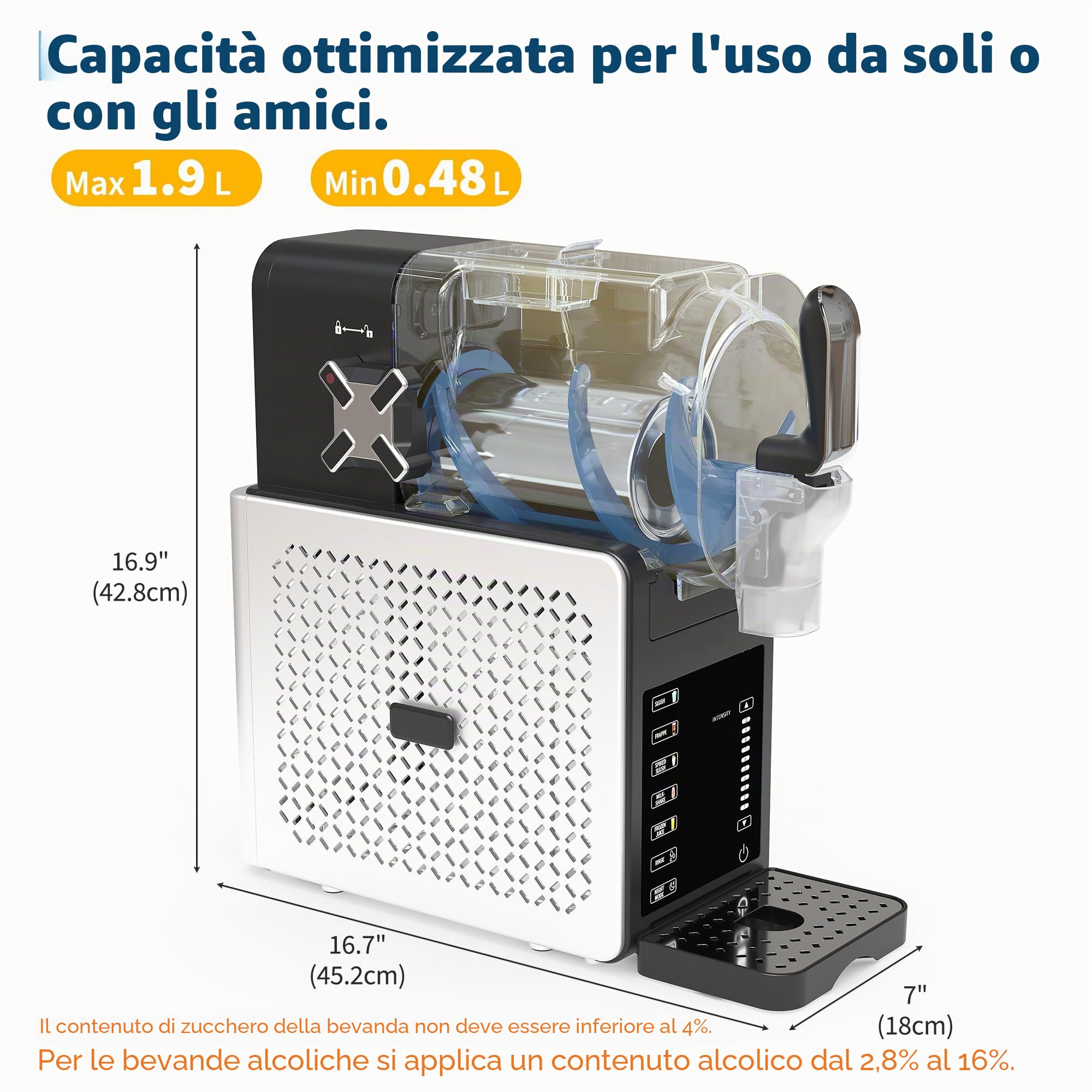 Macchina slushy da 1,9 l, per la casa con 5 programmi automatici, display a LED, autopulente, senza ghiaccio, per frappè, margarita, frullati