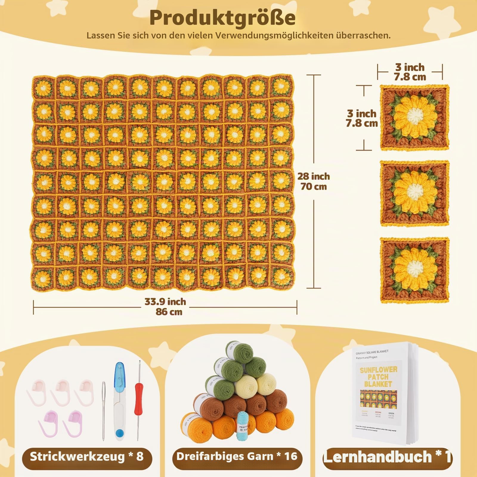 WILSHIN Häkelset für Decken für Anfänger, Häkelset für Granny Squares-Decken mit weichen Garnen, ausführliche Anleitungen und Schritt-für-Schritt-Tutorials, einfaches Strickset (braune Sonnenblume)
