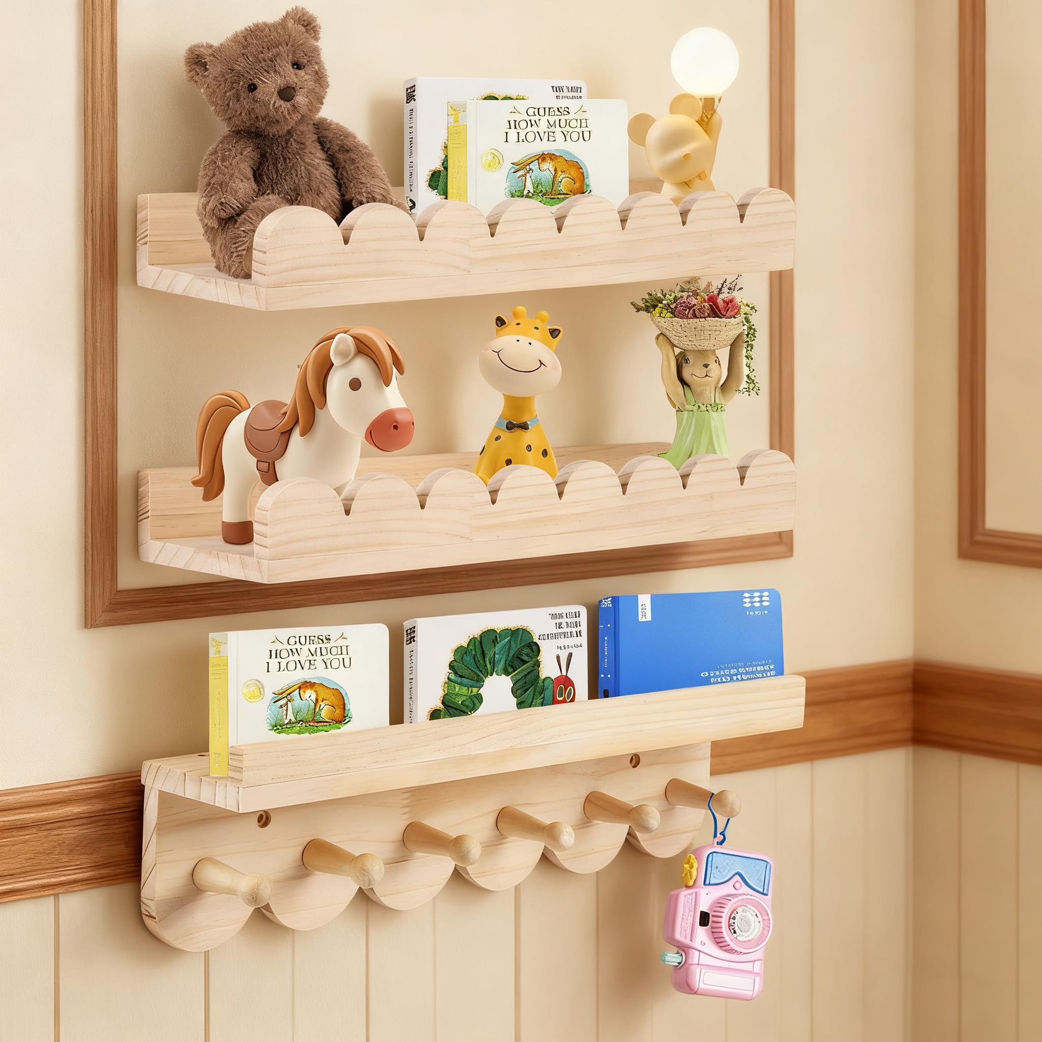 Set de 3 Étagères Murales Enfant en Bois Massif - Bibliothèque avec 6 Crochets pour Livres & Jouets - Étagère Montessori 40cm - Étagère Flottante aux Angles Arrondis pour Fille & Garçon