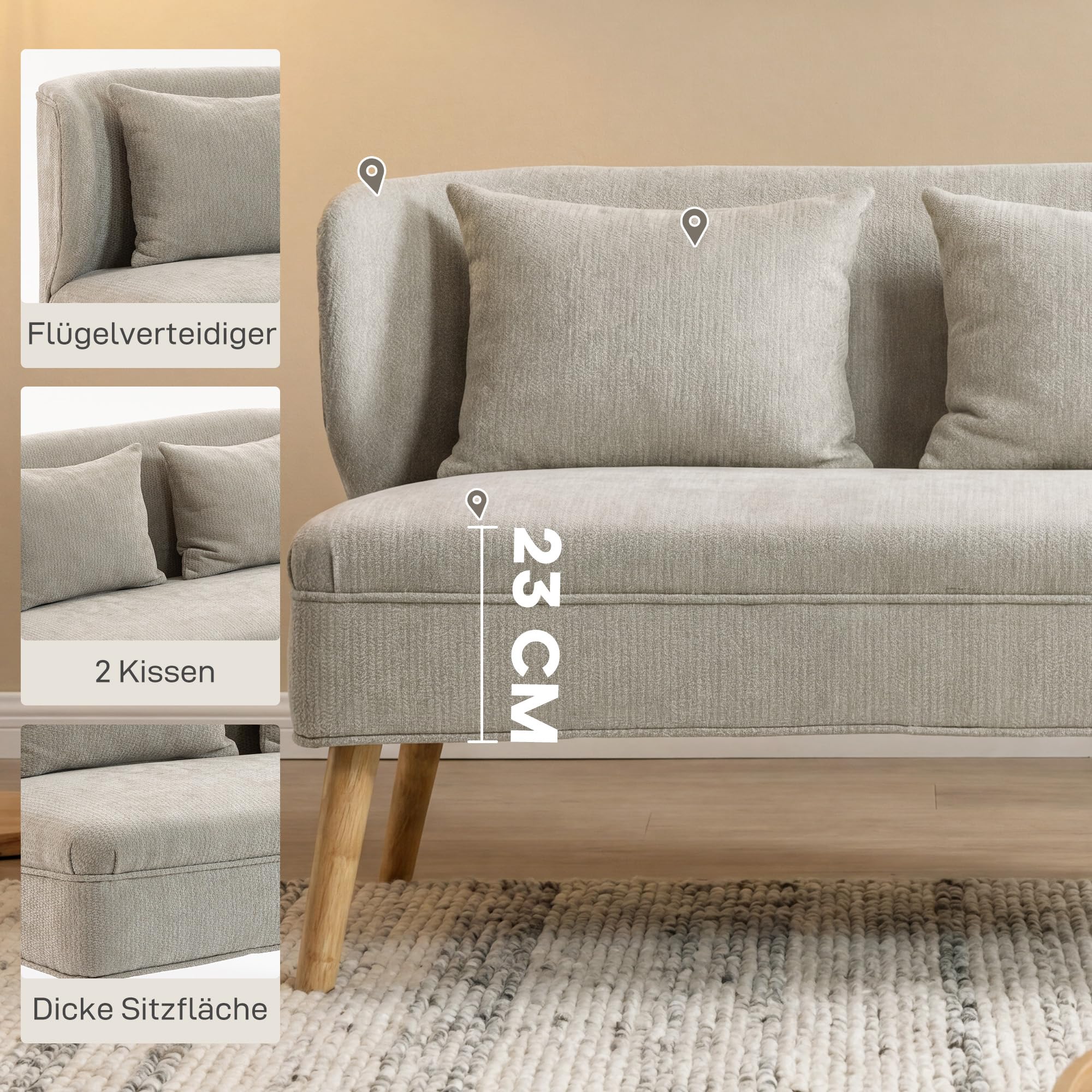 HOMCOM Sofa 2 Sitzer Kleine Couch mit Flügelrücken Doppelsofa 117 cm Beige | 2 Wurfkissen, Dick Gepolstert, Modern Polstersofa, Chenille-Optik, Holzbeine, für Kleine Räume, Wohnzimmer, Schlafzimmer