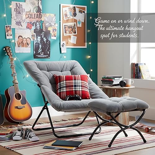 Miniatura 6 de Cómoda silla plegable con otomana, silla plegable de piel sintética de gran tamaño, silla suave y peluda con marco de metal, silla de luna para