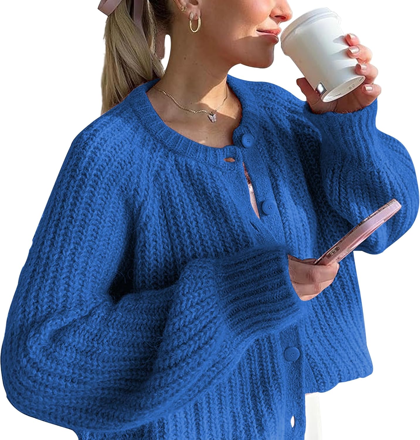 Hixiaohe Cardigan Sweater for Women Long Sleeve Button Y2K Chunky Knit Sweater Fall Casual Open Front Outwear Knitwear Coat(Blue,M)