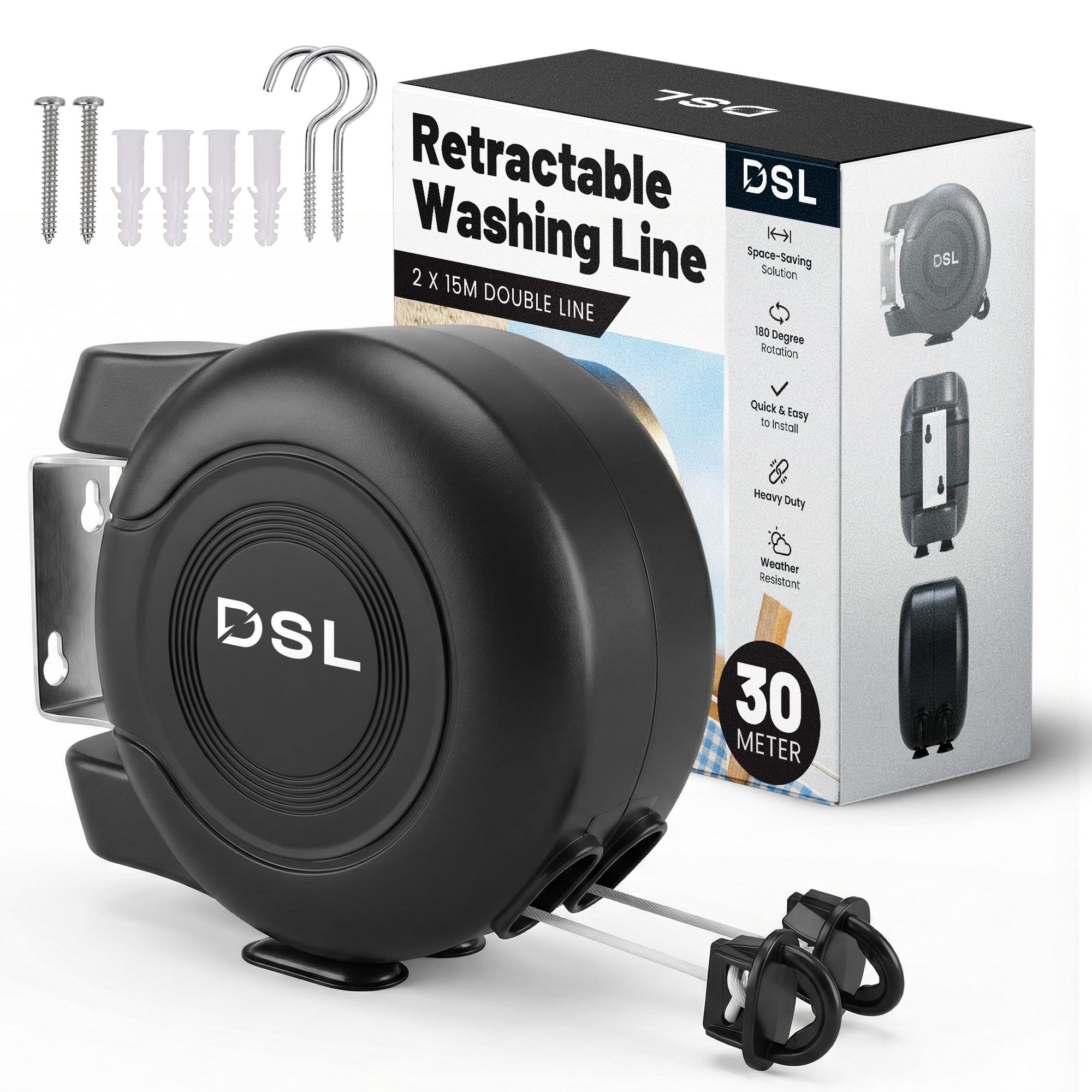 DSL Retractable Washing Line - 30m Heavy Duty Twin Cable, Wall Mounted Extendable Laundry Clothes Airer Indoor and Outdoor Use - 2 x 15m Drying Double Clothes Line - Black