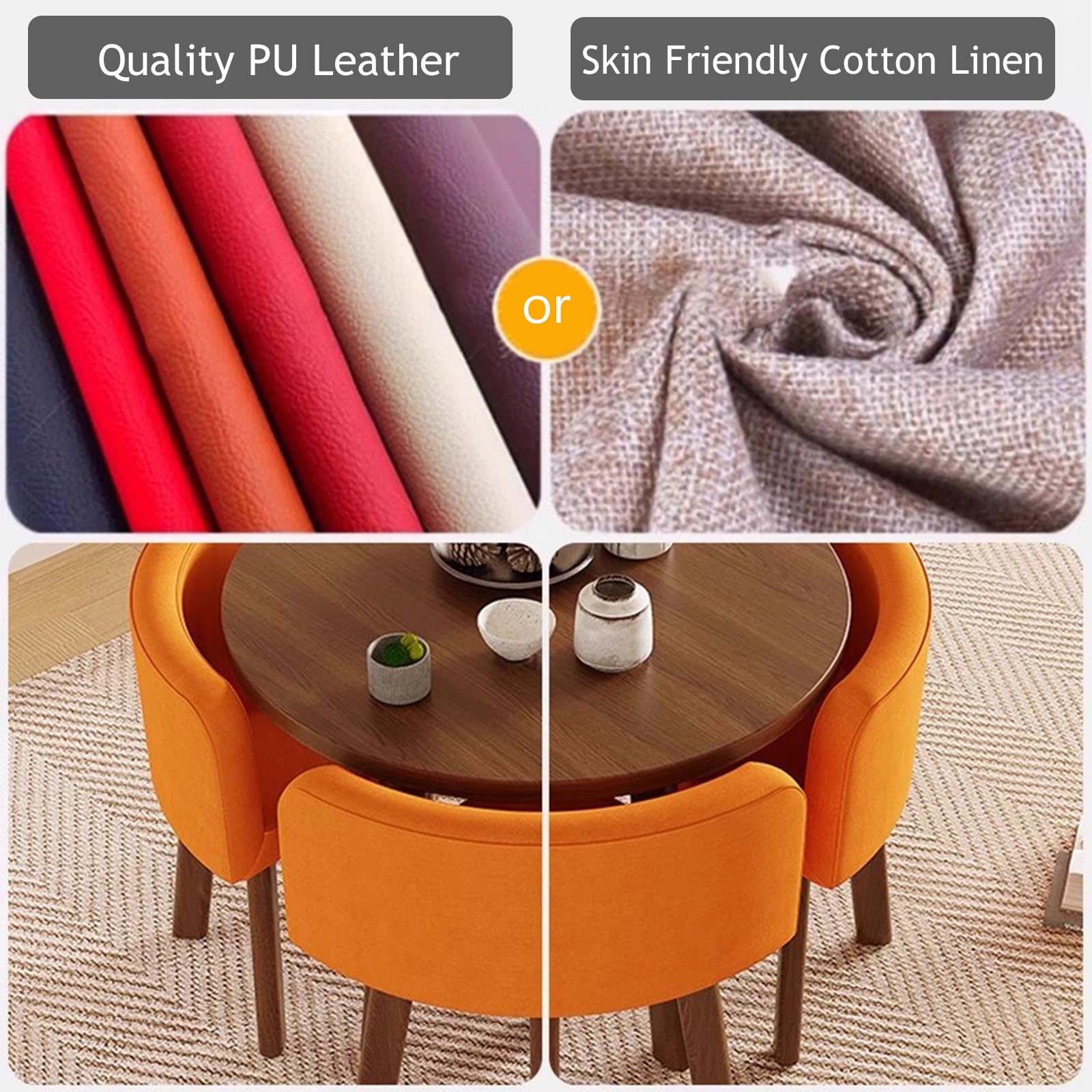 4 Stühle rund Esstisch Set, ideal für Küche Wohnzimmer Lounge Büro, kleine Konferenz Empfang Verhandlung, 80 cm B x 74,9 cm H, PU-Kaffee
