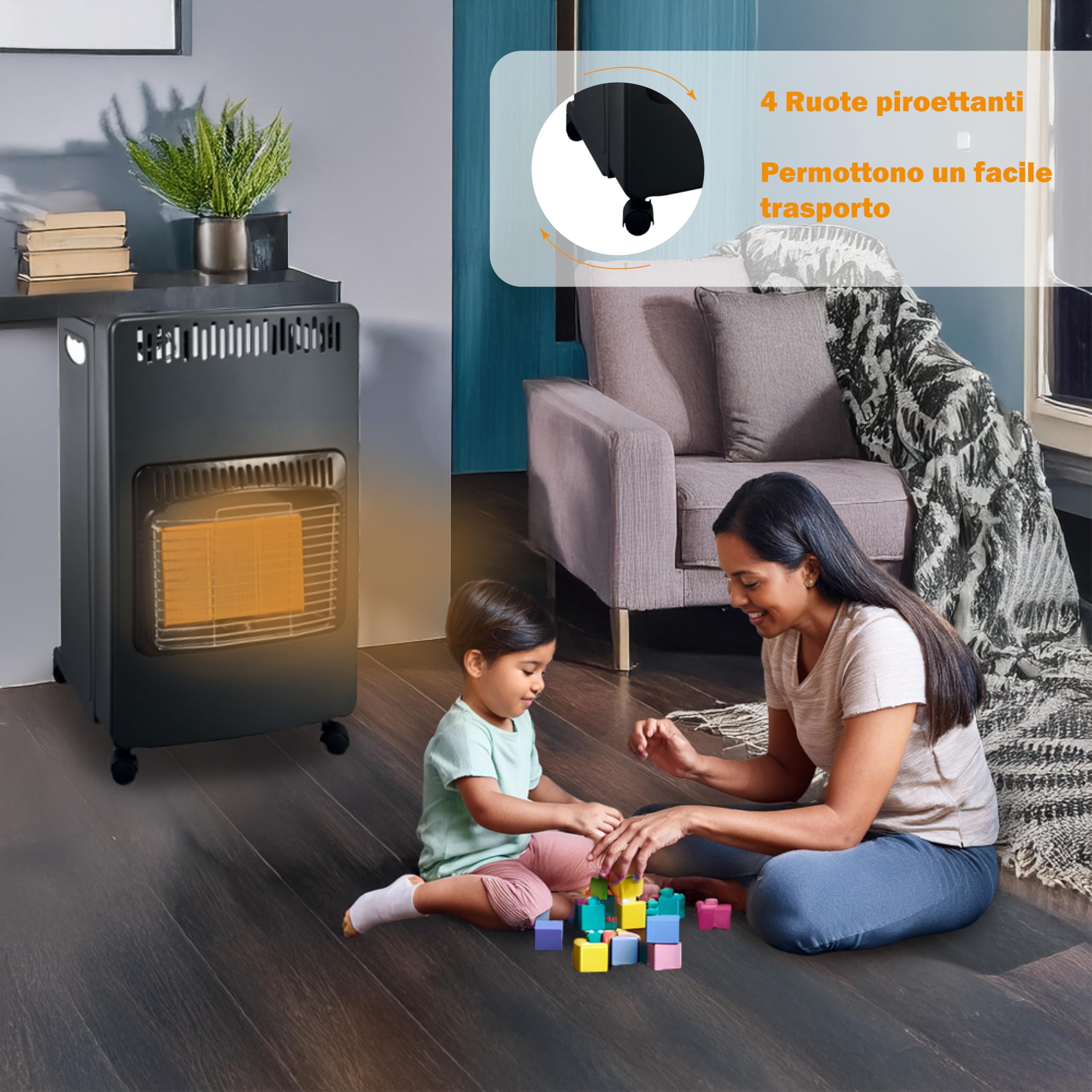Stufa a Gas 4200W - Bombola 15Kg, 3 Livelli di Riscaldamento, Compatta, 4 Ruote Piroettanti, Accensione Piezoelettrica, Gas GPL, Spegnimento Automatico - (Fiamma Gialla)