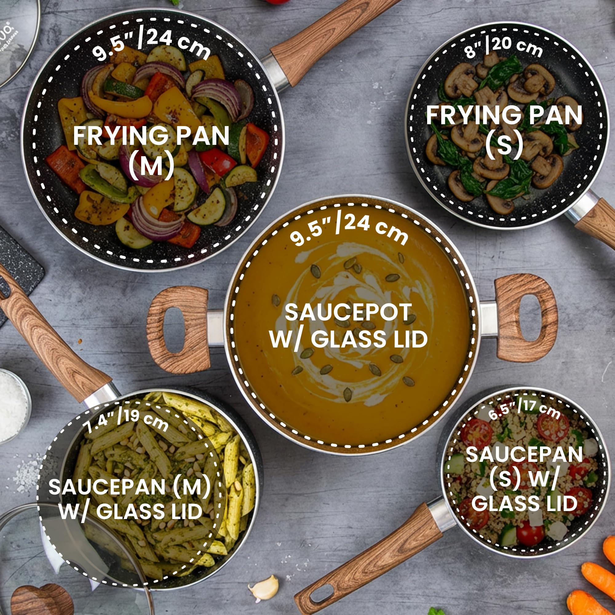 Ensemble de casseroles et poêles antiadhésives - Plaque à induction - Batterie de cuisine 8 pièces avec couvercle - Cuisiner avec marmite et poêles en marbre - par Nuovva