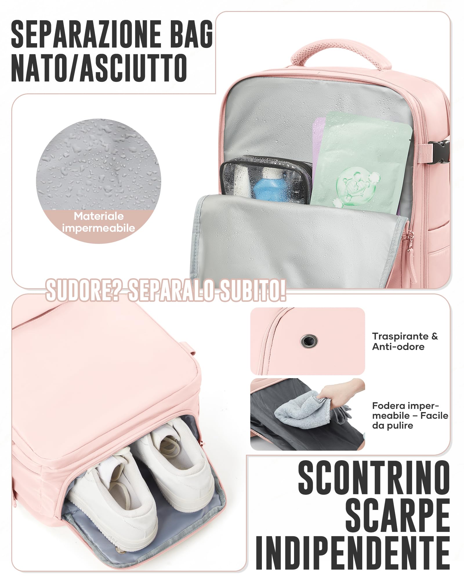 Zaino Sottovuoto Viaggio Ryanair 40x30x20 Zaino da Viaggio Aereo Bagaglio a Mano con Sottovuoto Zaini Easyjet 45x36x20 Vacuum Backpack con Porta Scarpe(Rosa)