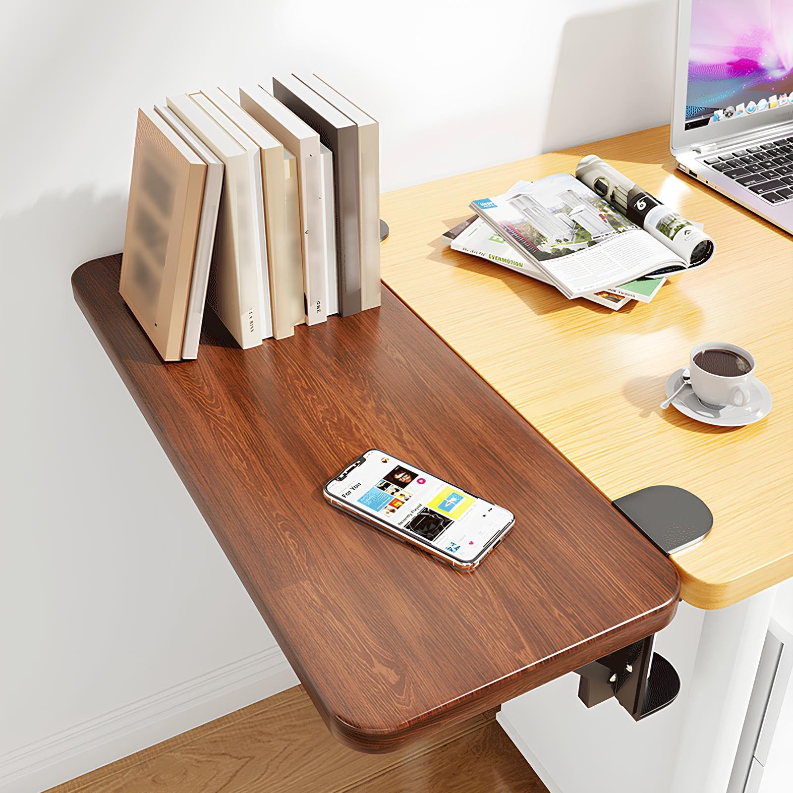 Große Schreibtisch-Erweiterungsablage aus Holz, faltbare Tastaturablage für Zuhause und Büro, multifunktionale Armlehnen und Regale, 60 x 25 cm, platzsparendes Schreibtischzubehör