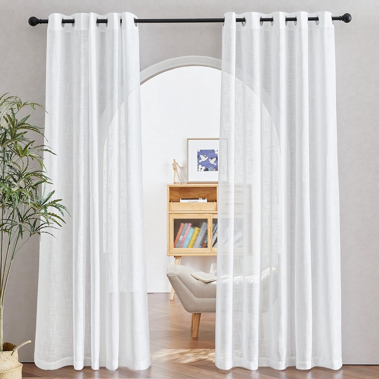 NICETOWN Living Room Window Curtains Semi Sheer Textured 84" Long, Grommet Casual Semitransparent Sheer Privacy with Light Window Treatments for Sliding Door, 132" Wide Total 2 Panels, White