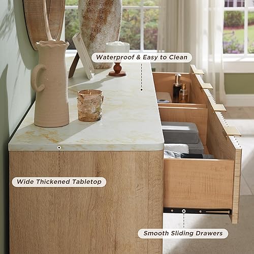 Miniatura 5 de T4TREAM Cómoda acanalada con 6 cajones, cómoda moderna de 54 pulgadas de ancho con parte superior de mármol sintético, diseño de perfil curvo, Roble