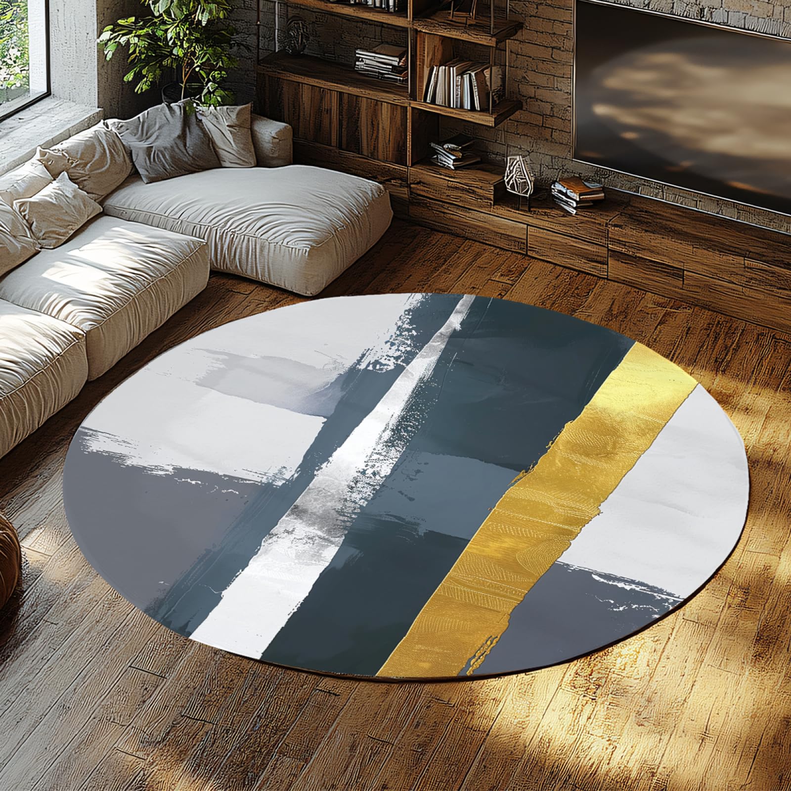 Tapis rond lignes modernes gris or idéal pour le bureau à domicile ou la chambre