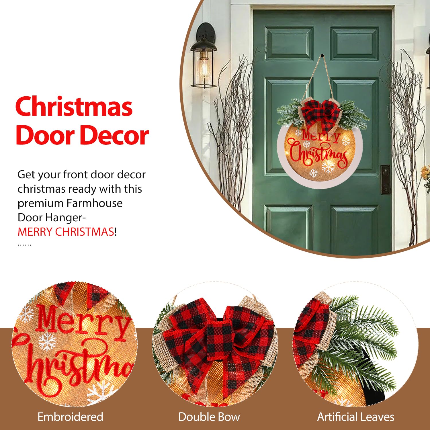 HOMCDALY Letrero de bienvenida de Feliz Navidad para puerta delantera, corona de Navidad de invierno con luz, decoración de puerta de granja, letrero colgante de madera, decoración de Navidad