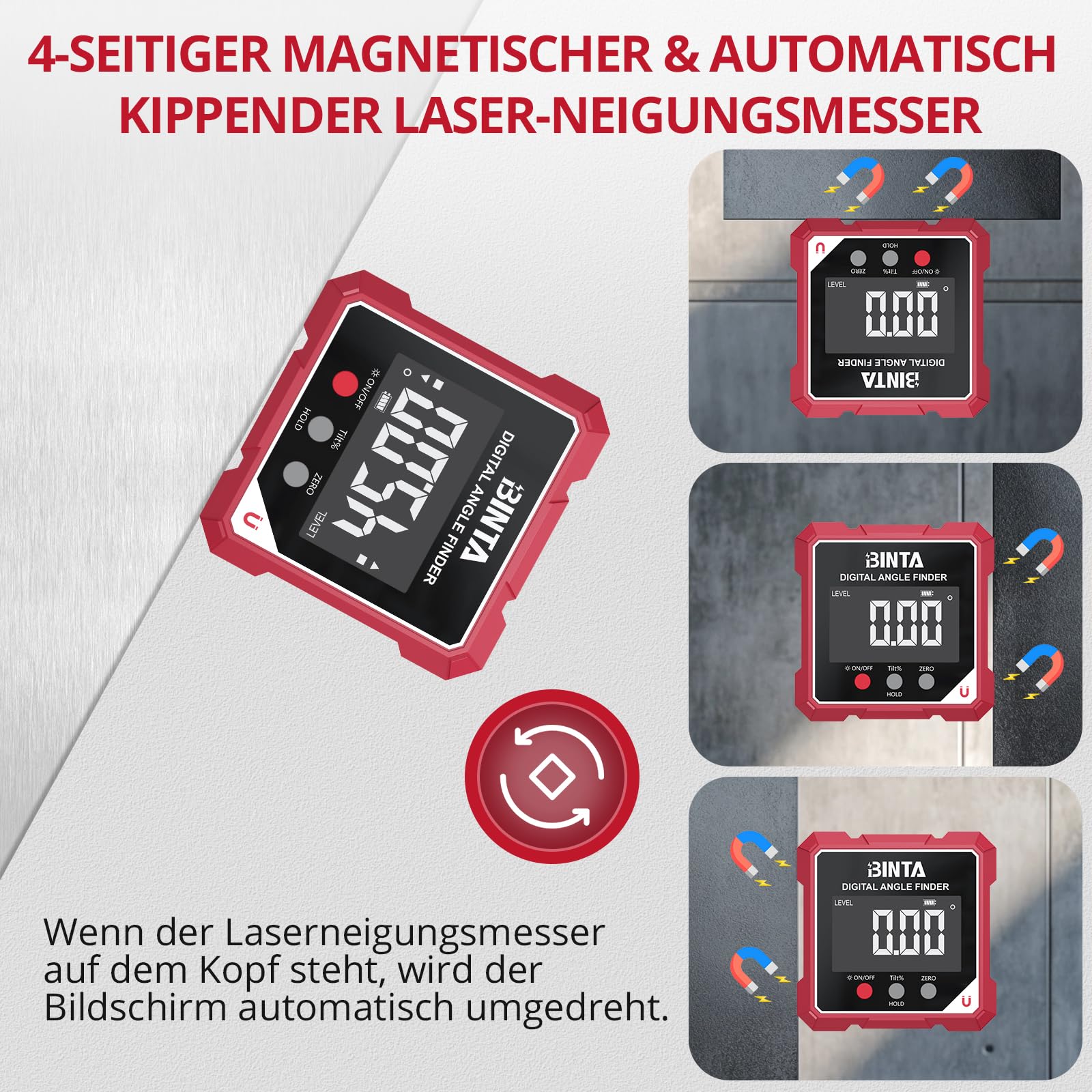 BINTA Digitaler Winkelmesser Neigungsmesser Laser Wasserwaage mit LCD Display, Wiederaufladbares IP54 Wasserdicht Magnetisch Nivellierbox Level Box für Holzarbeiten, Bau, Dekoration, Heimwerker