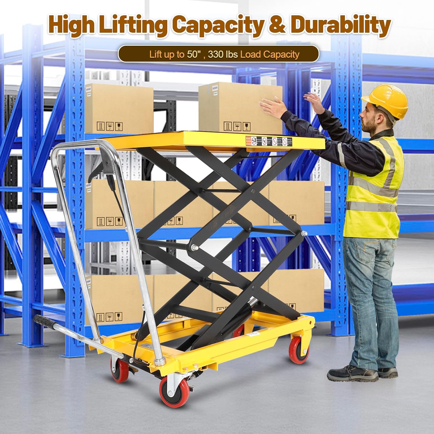 Double Scissor Hydraulic Lift Table Cart, 11" - 50" Lifting Heights 330 lbs Capacity Lift Table Cart, Manual Lift Cart with Anti-Slip Pad & 4 Wheels