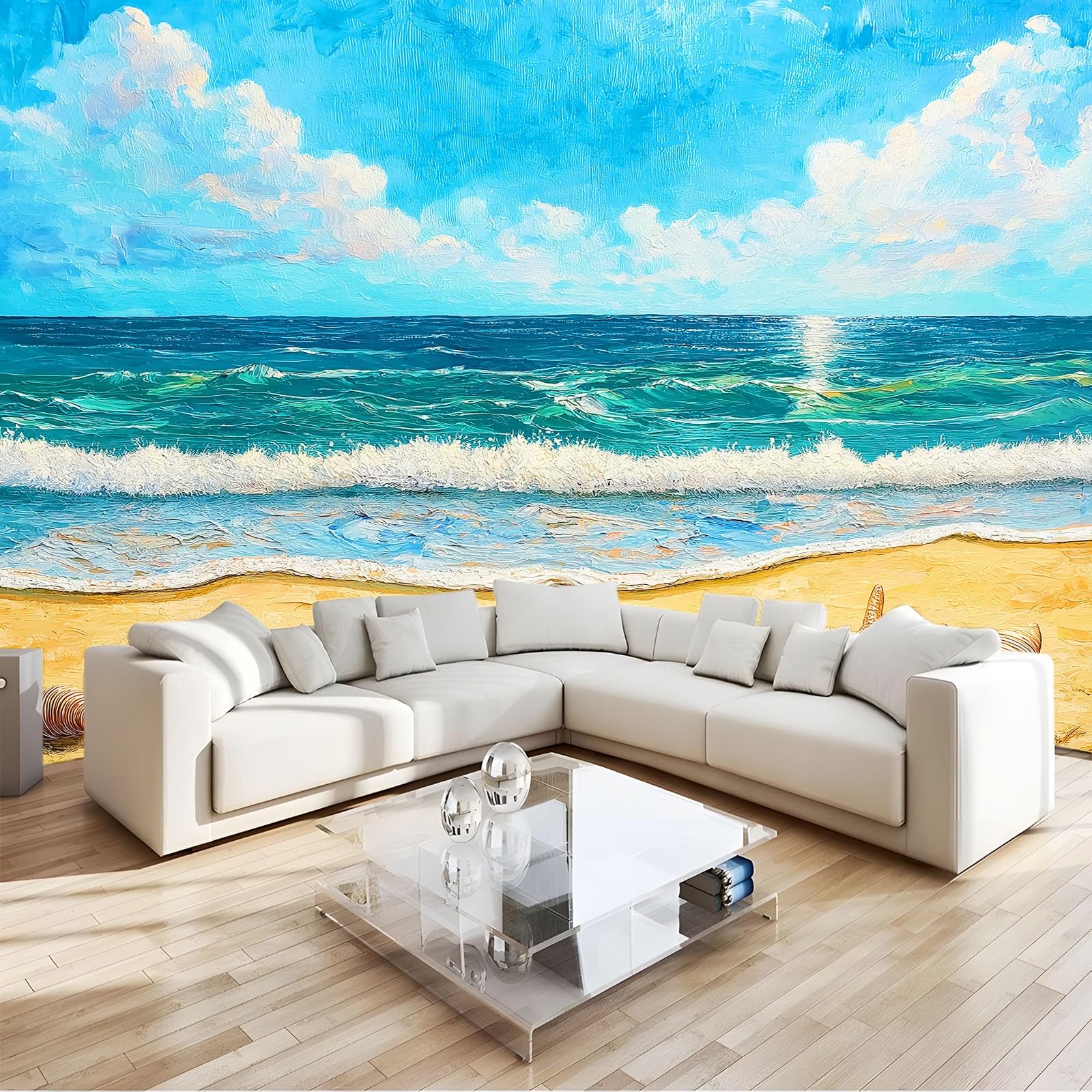Niestandardowa fototapeta 3D, 300 x 210 cm, natura, muszle, rozgwiazda, mural, gruba włóknina, niebieska tapeta do salonu, tło telewizyjne