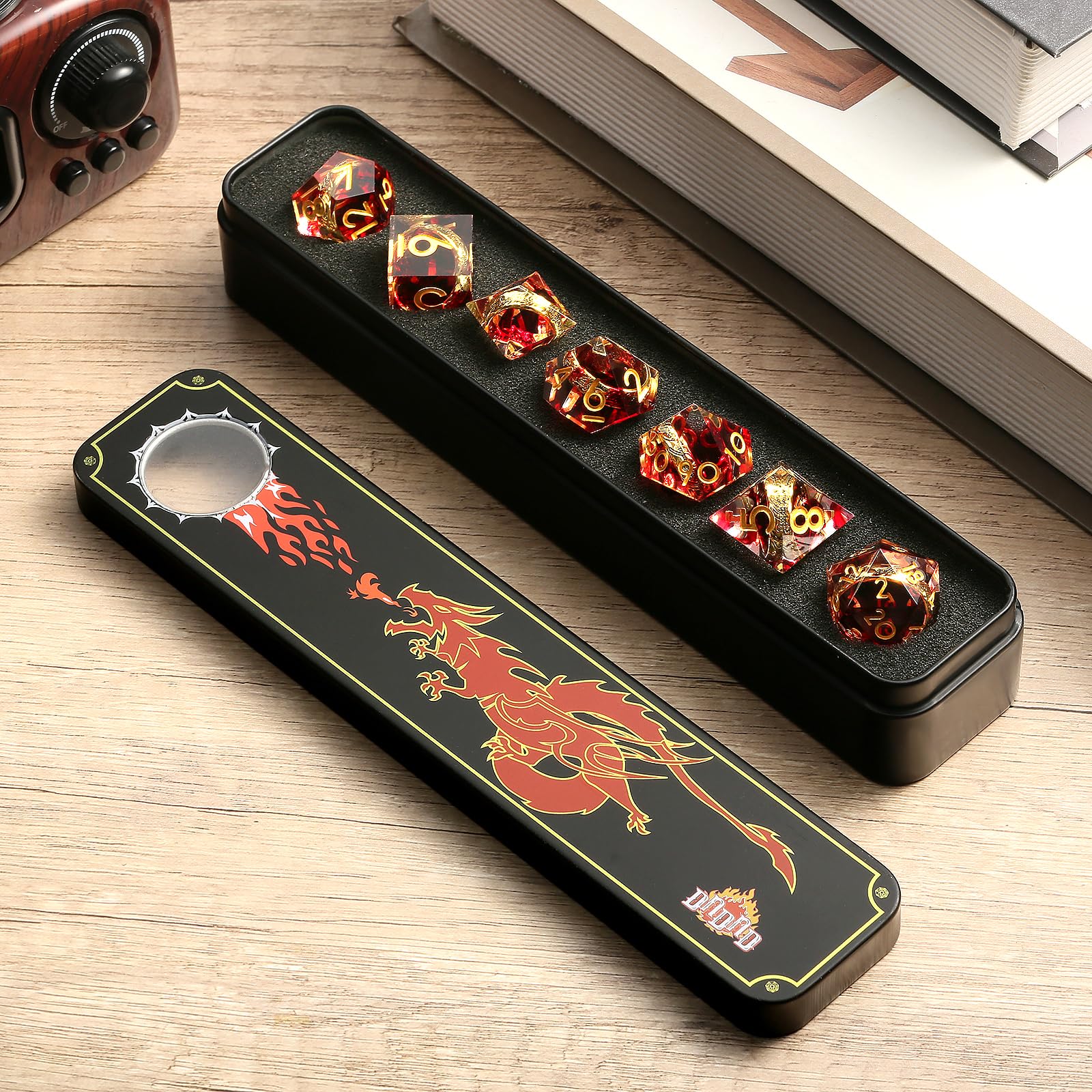 Ring DND Dice Set Sharp Edge DNDND 7-Piece Swirl Resin Blood Red Dice with Magic lord Ring Inside for Dungeons & Dragons -Dragon Box Gifts - Image 4