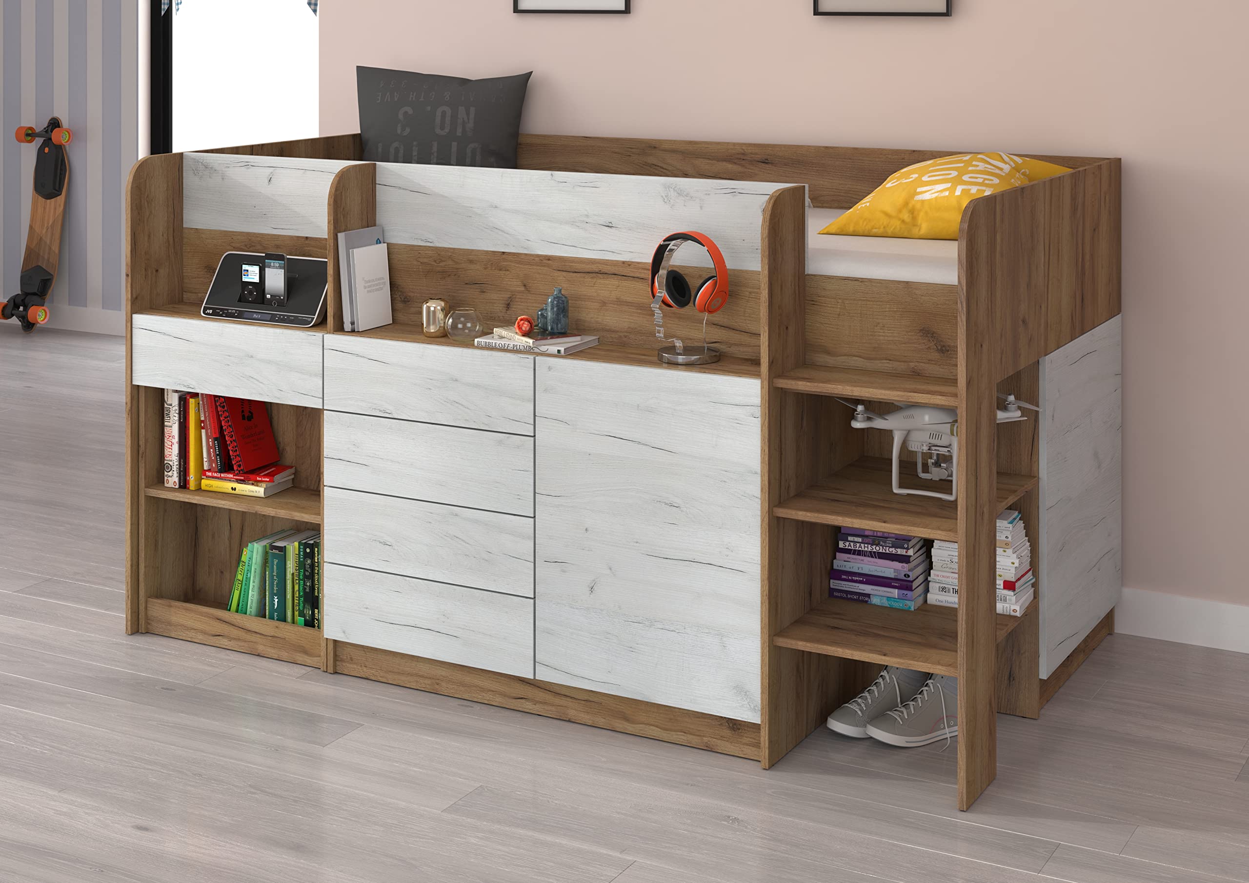 Lit Mi-Hauteur Enfant 90x200cm Avec Bureau Et Rangements - Lit Mezzanine Gain De Place - Blanc/Graphite - 12