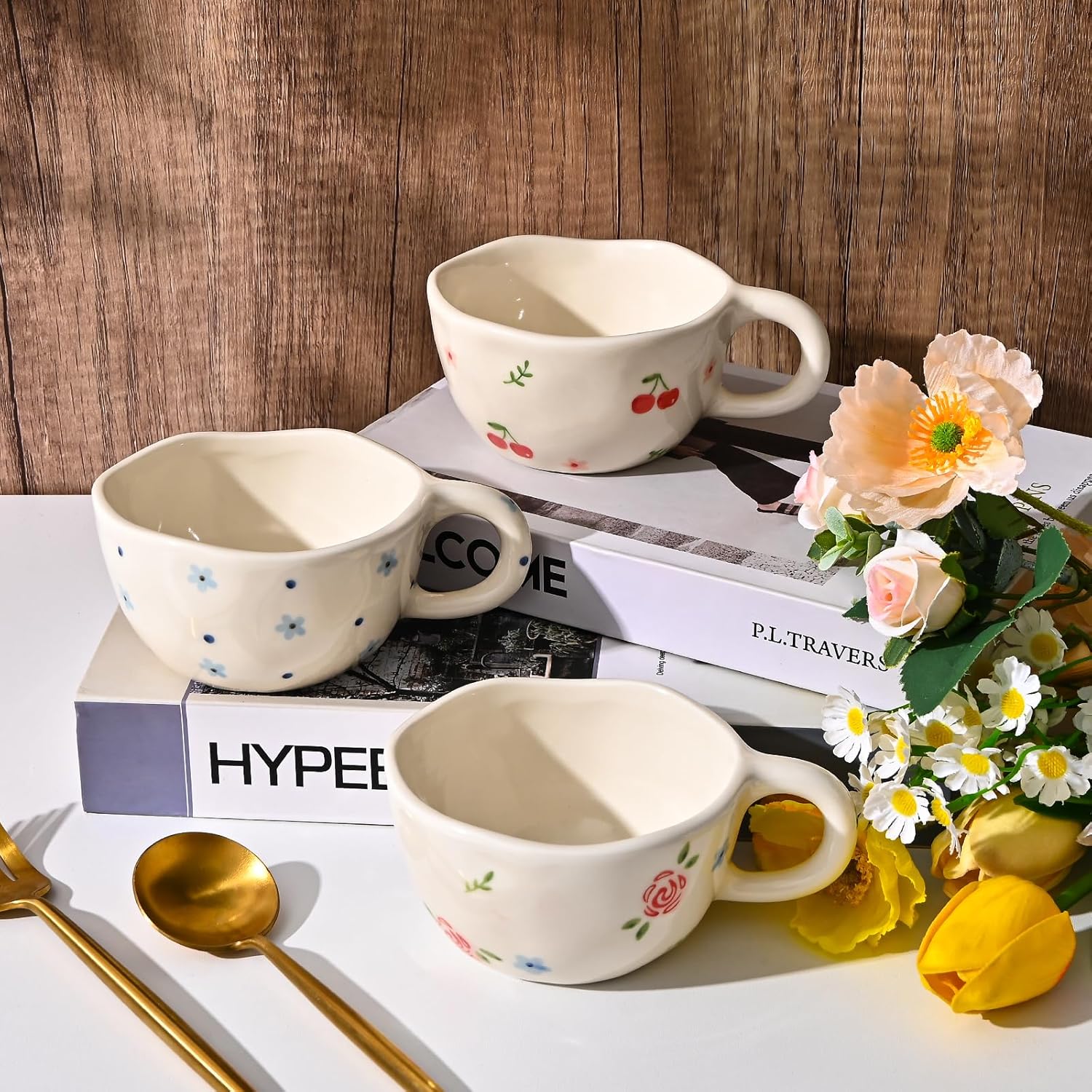 Koythin Ceramic Coffee Mug, Handmade Hot Chocolate Mugs, Cute Cup for Girl Women, Aesthetic Tea Milk Cup with Handle, 8.5 oz/250 ml for Latte, Cocoa, Office, Home (Cute Bow) - Image 4