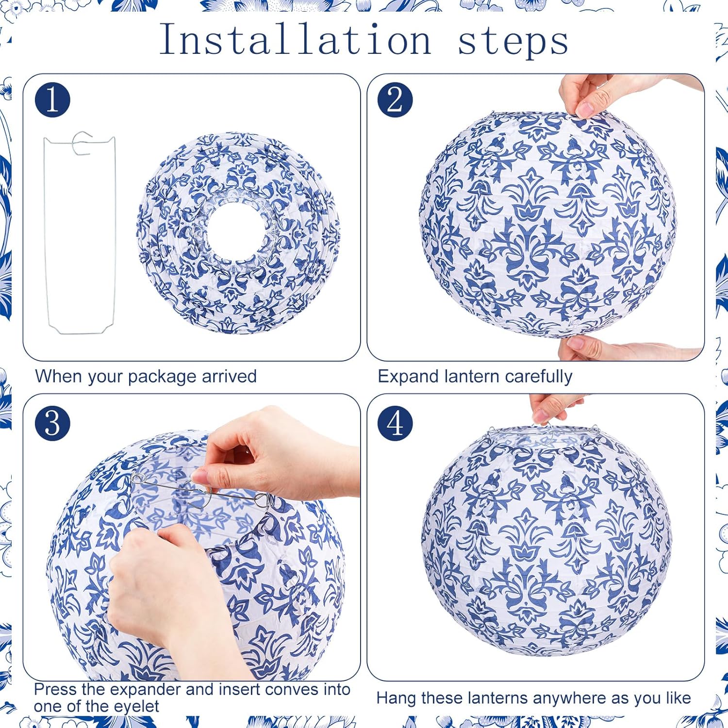 Retisee 12 Pcs Chinoiserie Paper Lantern Set 10 Inches Wedding Blue and White Decoration Blue and White Porcelain Print Decor Chinese Hanging Lantern for Ceiling Birthday Baby Shower Home Decor