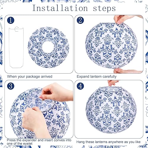 Miniatura 4 de Retisee Juego de 12 faroles de papel chinoiserie de 10 pulgadas con estampado de porcelana azul y blanca, farol redondo chino, decoración colgante