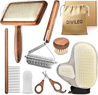 DIVILEO Premium Waterproof Pet Grooming Kit for Dogs & Cats – Wooden Handle Slicker Brush, Deshedding Comb & Nail Clipper...