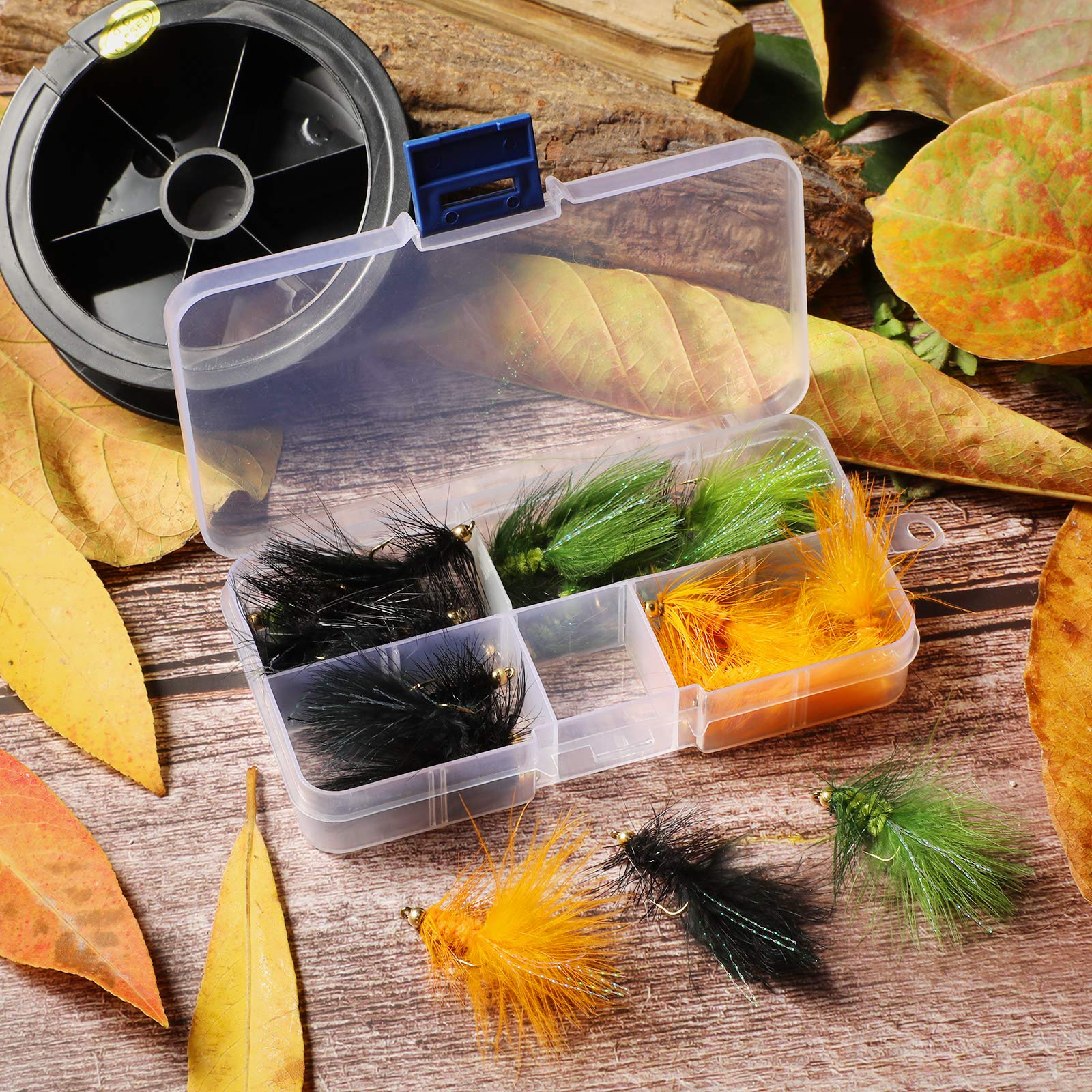 24 Pieces Woolly Bugger Streamer Fly Fishing Flies Nymph Trout Fly Assortment Streamer Assortment Trout Fishing Flies with Fly Box (Green, Black, Orange)