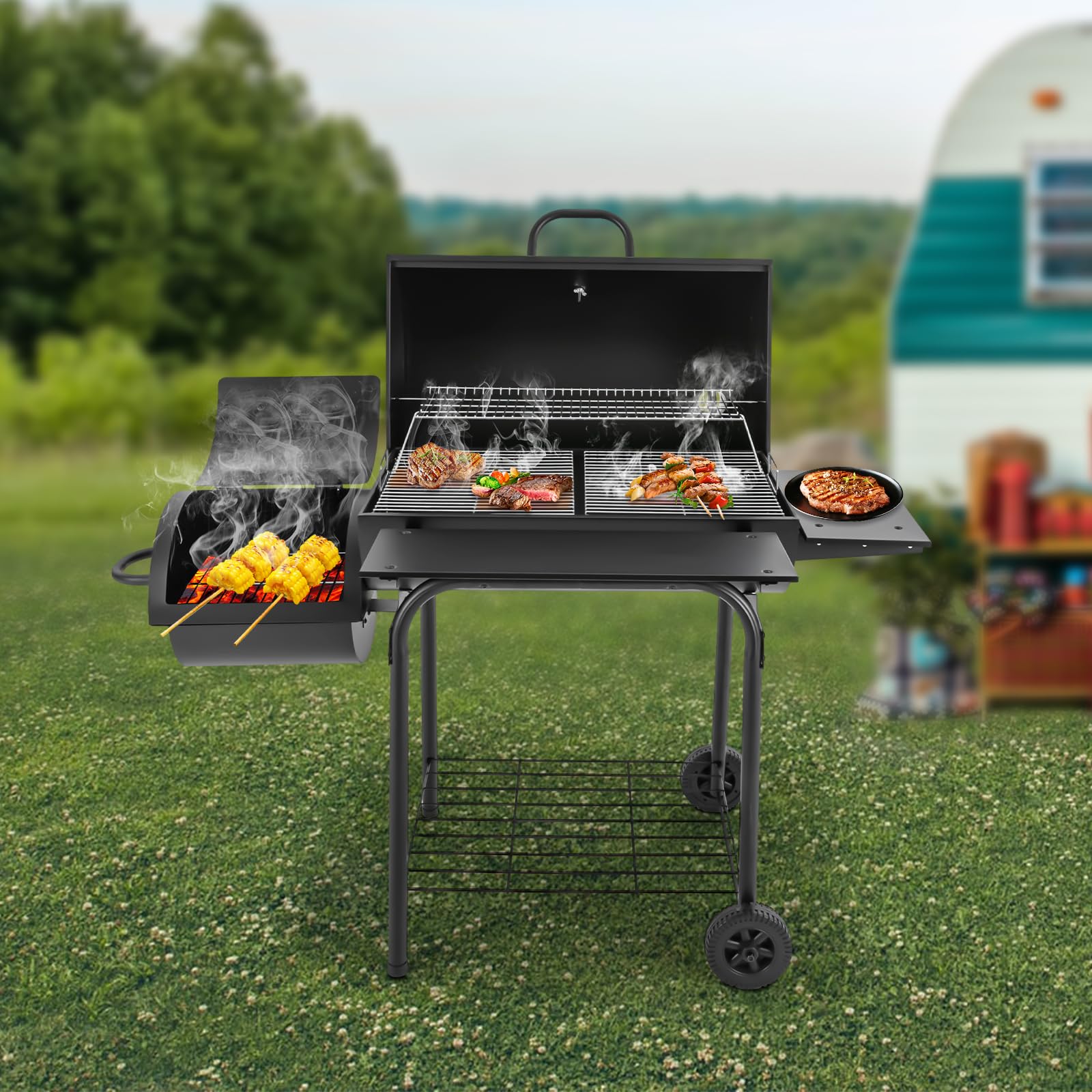 Grill na węgiel drzewny, do użytku na zewnątrz, grill ogrodowy z 2 rusztami i termometrem, dla 10+ osób, czarny, 147 x 70 x 126 cm, z półkami