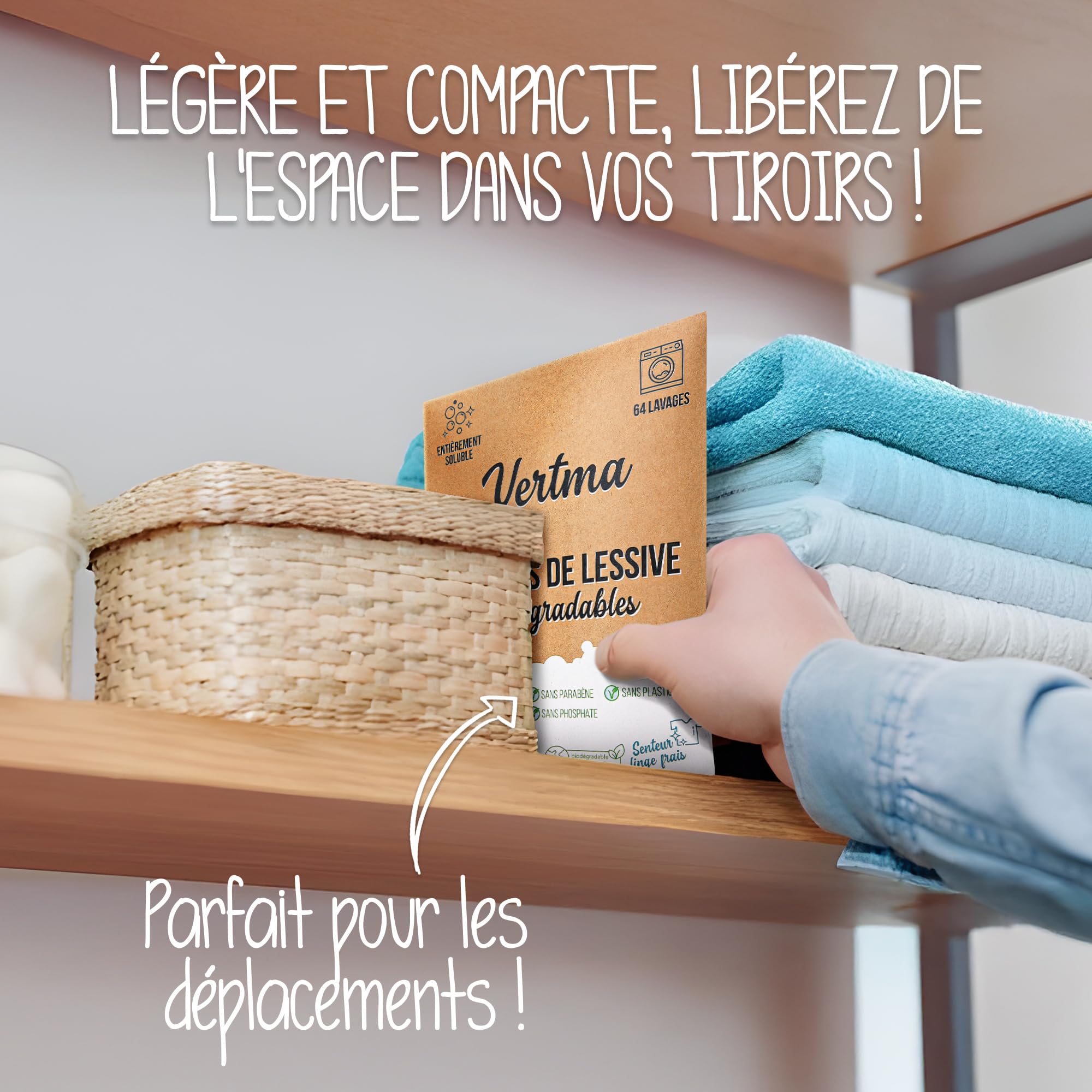 Lessive en Feuille Biodégradable-64 Lavages-Lessive ecologique-100% Hydrosoluble-Lessive pour bebe-Hypoallergénique-Sans Plastique-Pour Blanc et Couleur-Lessive main voyage-Fraîcheur intense