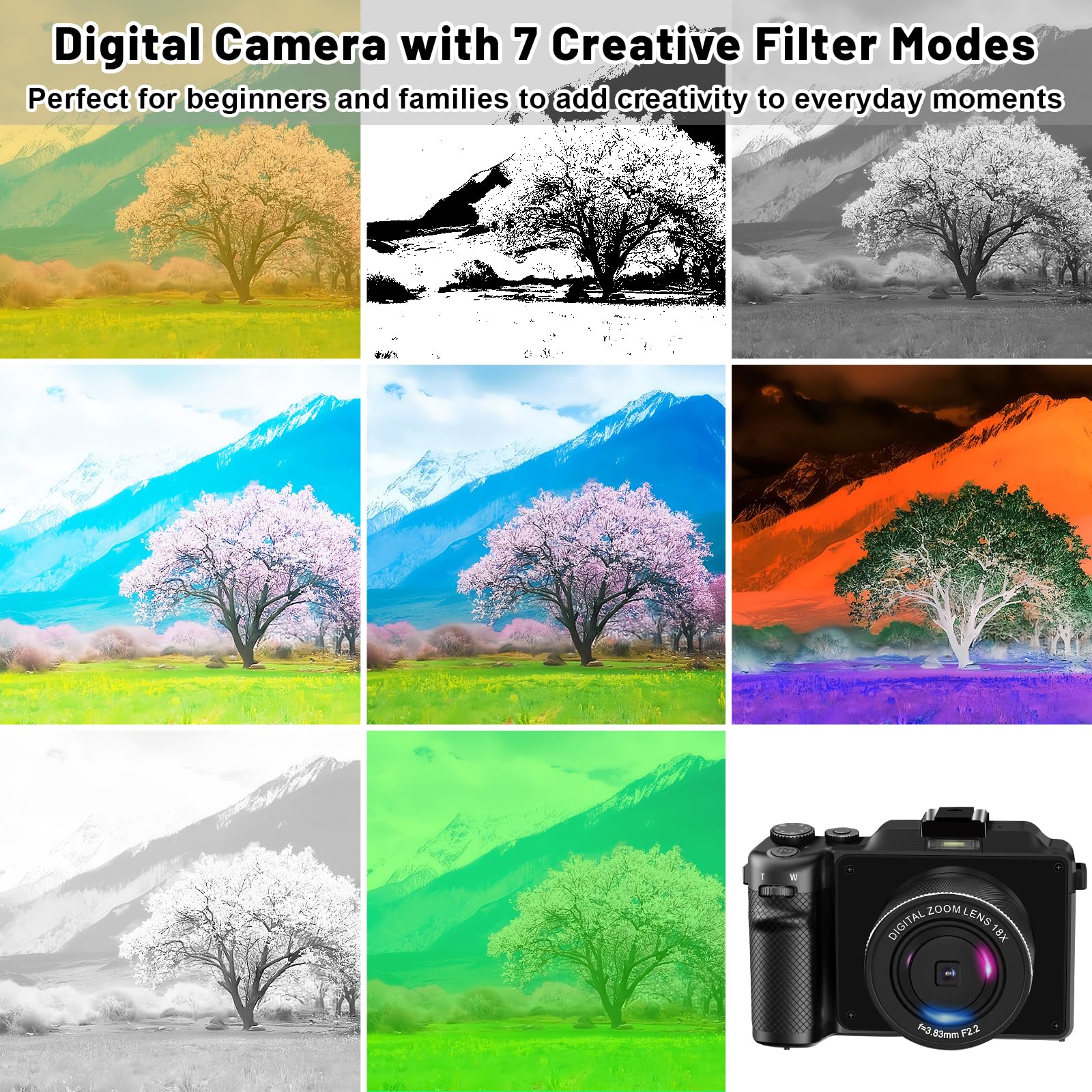 Fotocamera digitale per fotografia, zoom digitale 18X, messa a fuoco automatica, obiettivo macro, fotocamera per vlogging con WiFi 2 batterie, stazione di ricarica per scheda TF da 32 G, videocamera