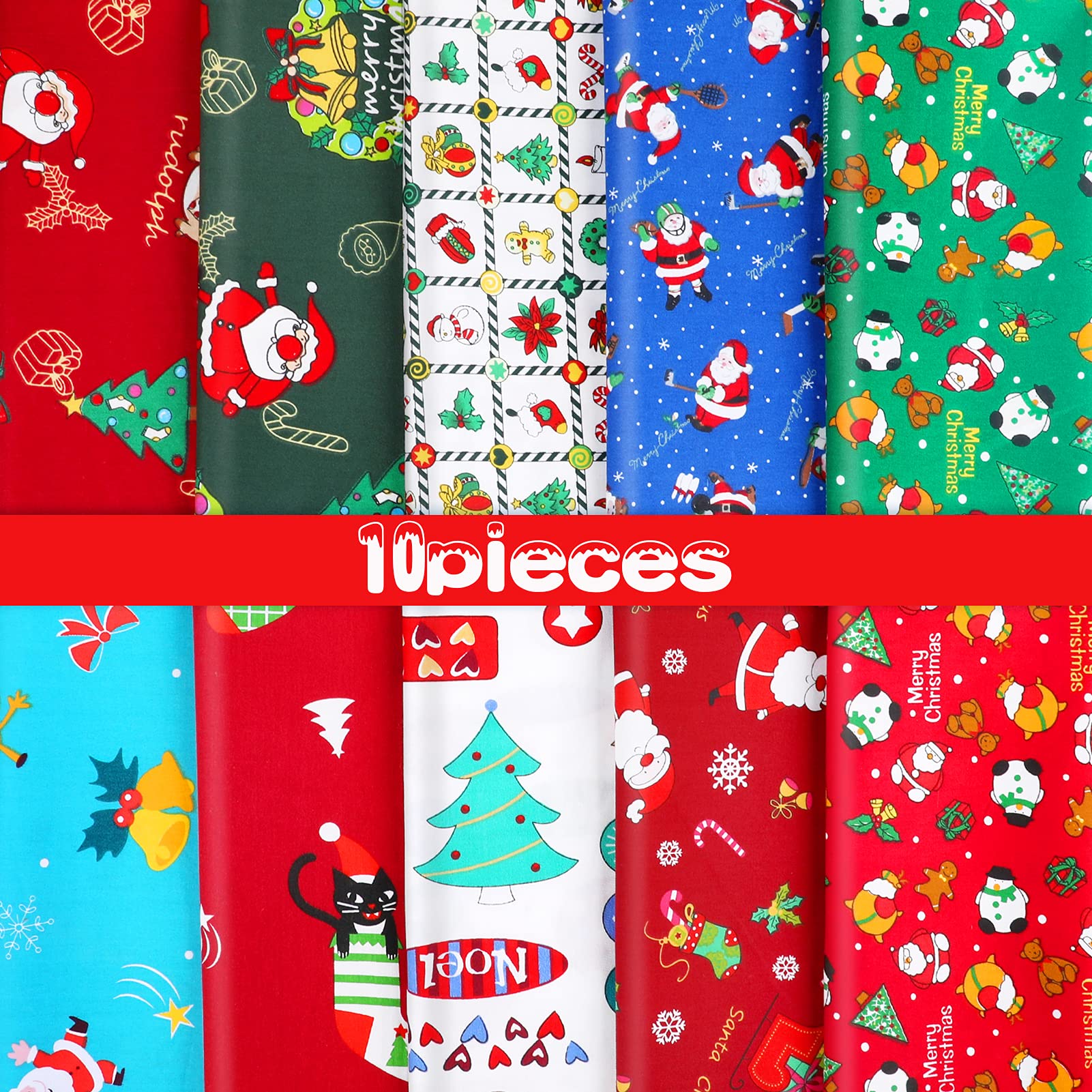 10-Piece Christmas Fabrics Cotton Fabric Bundles Multicolor Fabric Patchwork Mixed Squares Fat Quarters Sew For Christmas Ornaments 19.5x19.5inc